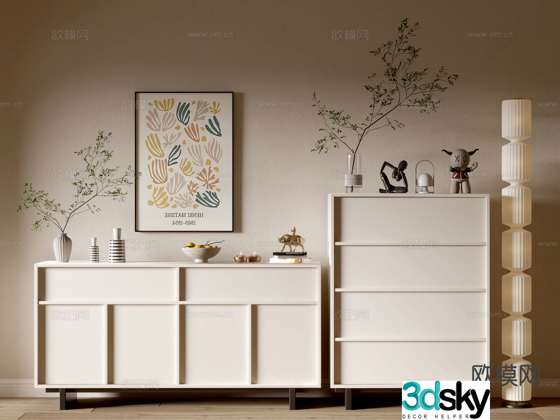 Cream style chest of drawers entrance cabinet 3d model