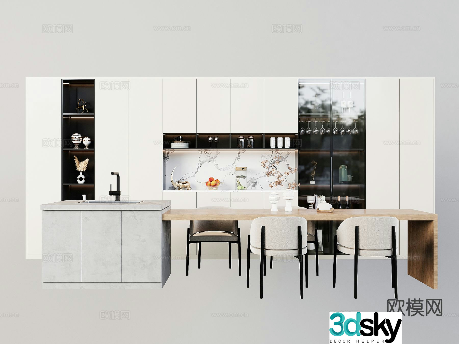 Modern island dining table and chairs 3d model
