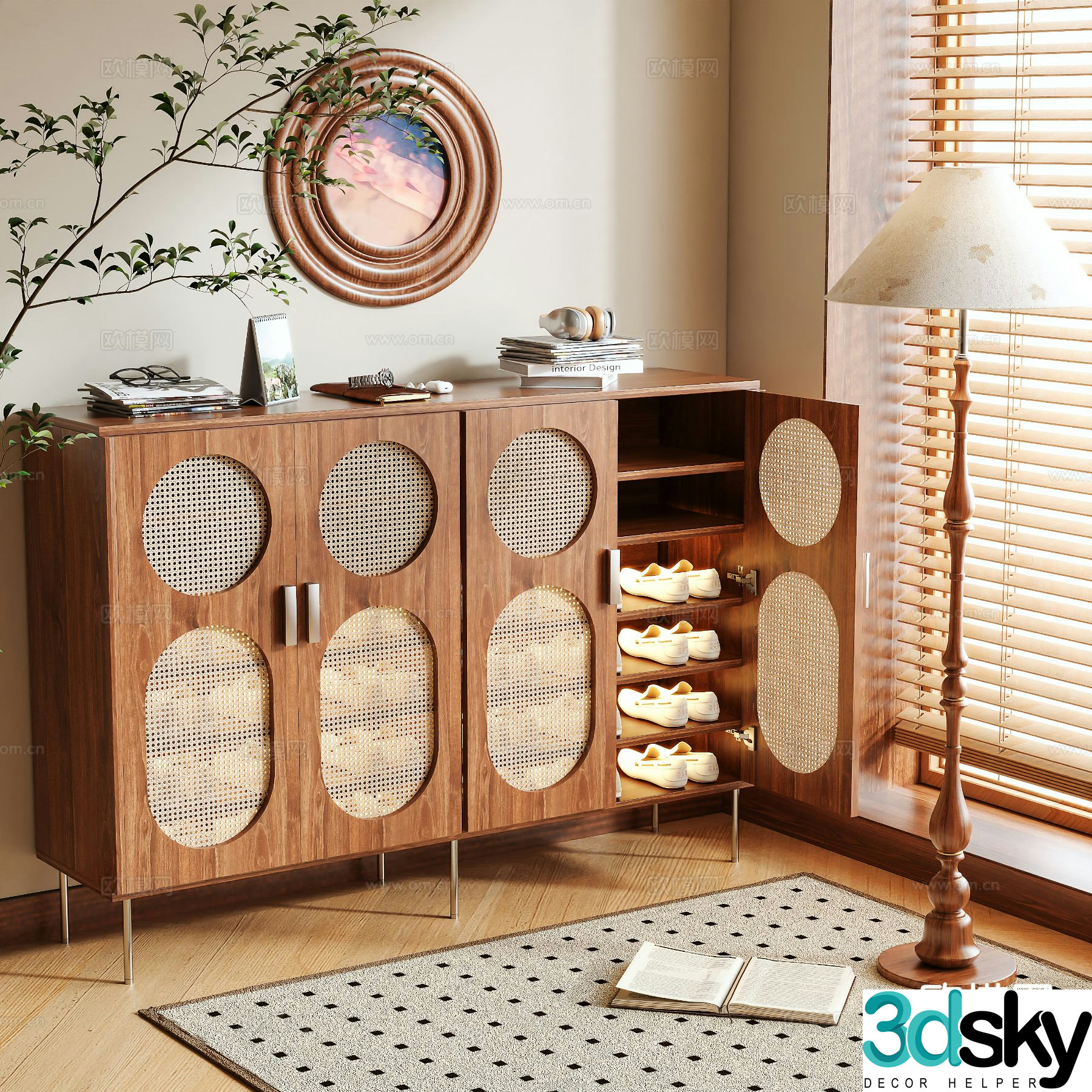 Log style shoe cabinet low cabinet rattan cabinet 3D model