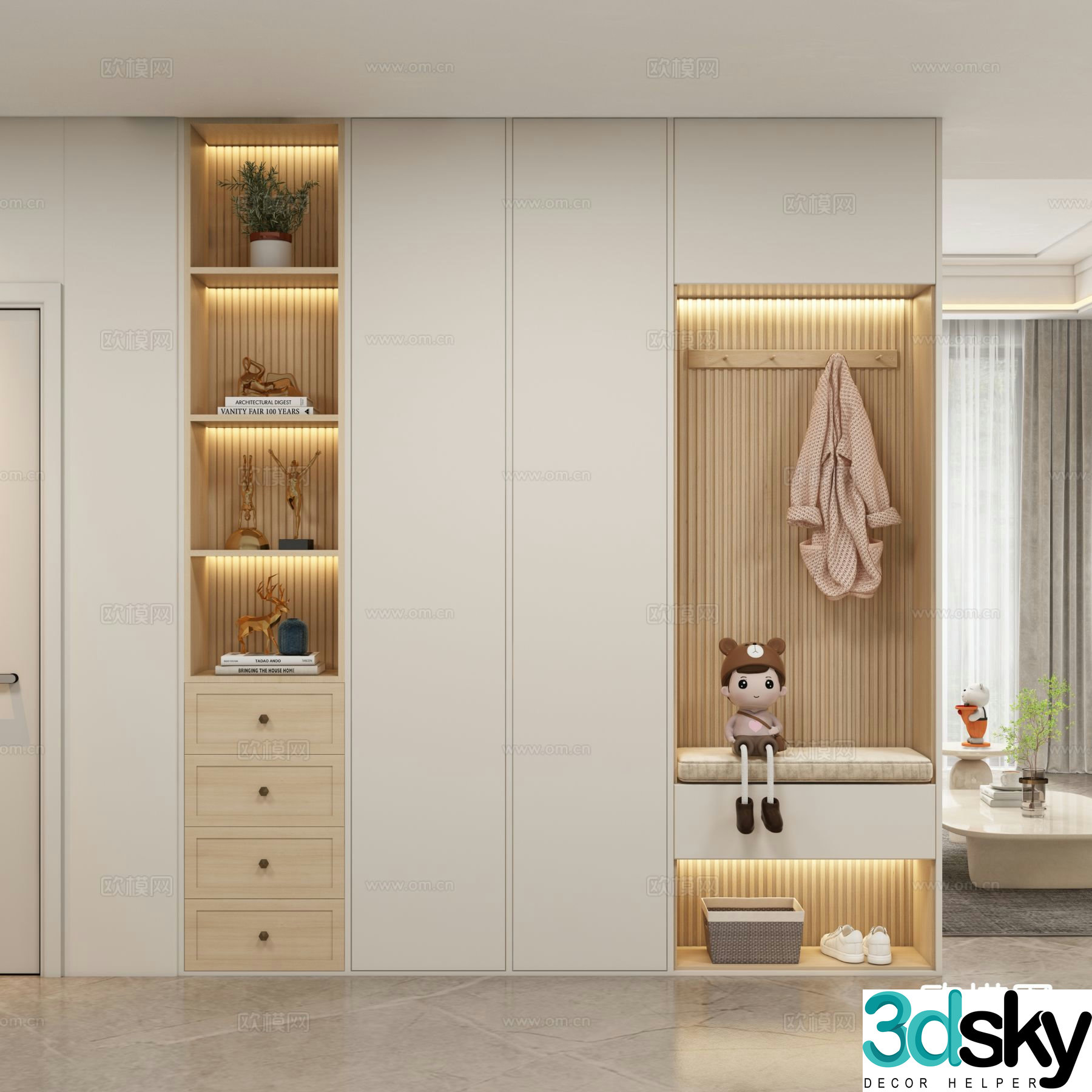 Cream style entrance shoe cabinet partition cabinet 3D model