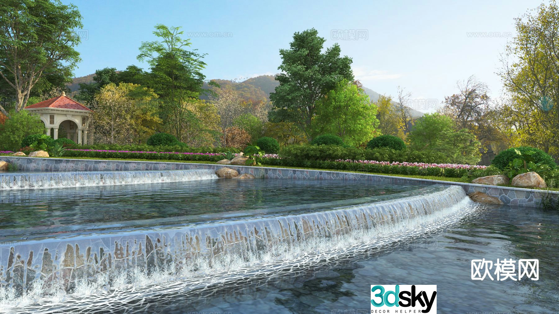 Modern garden overlapping water landscape 3D model
