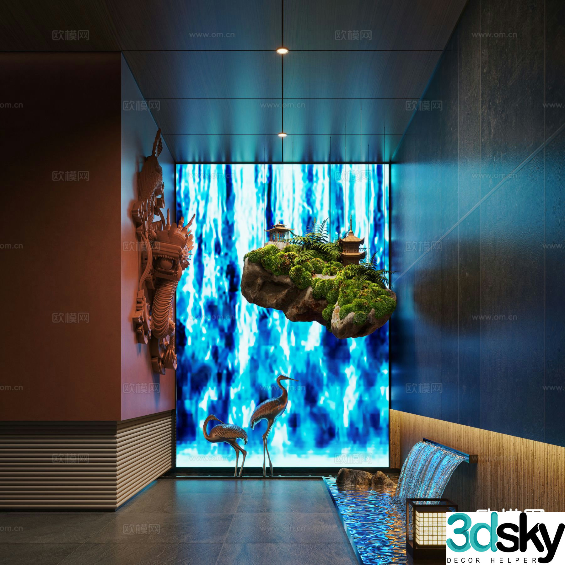 New Chinese style landscaping moss landscape landscape sketch indoor landscaping 3D model
