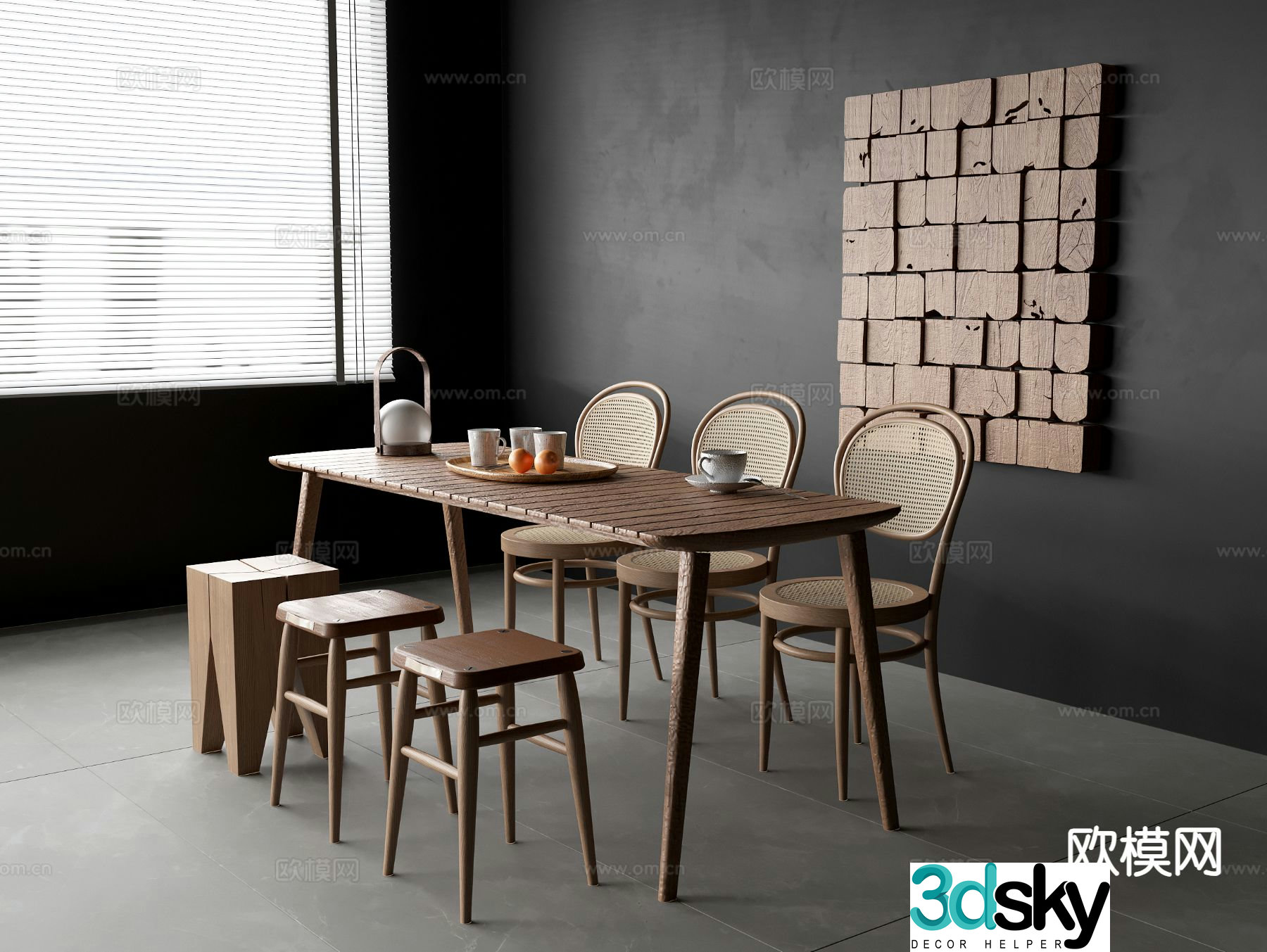 Wabi Sabi long dining table and chairs 3D model