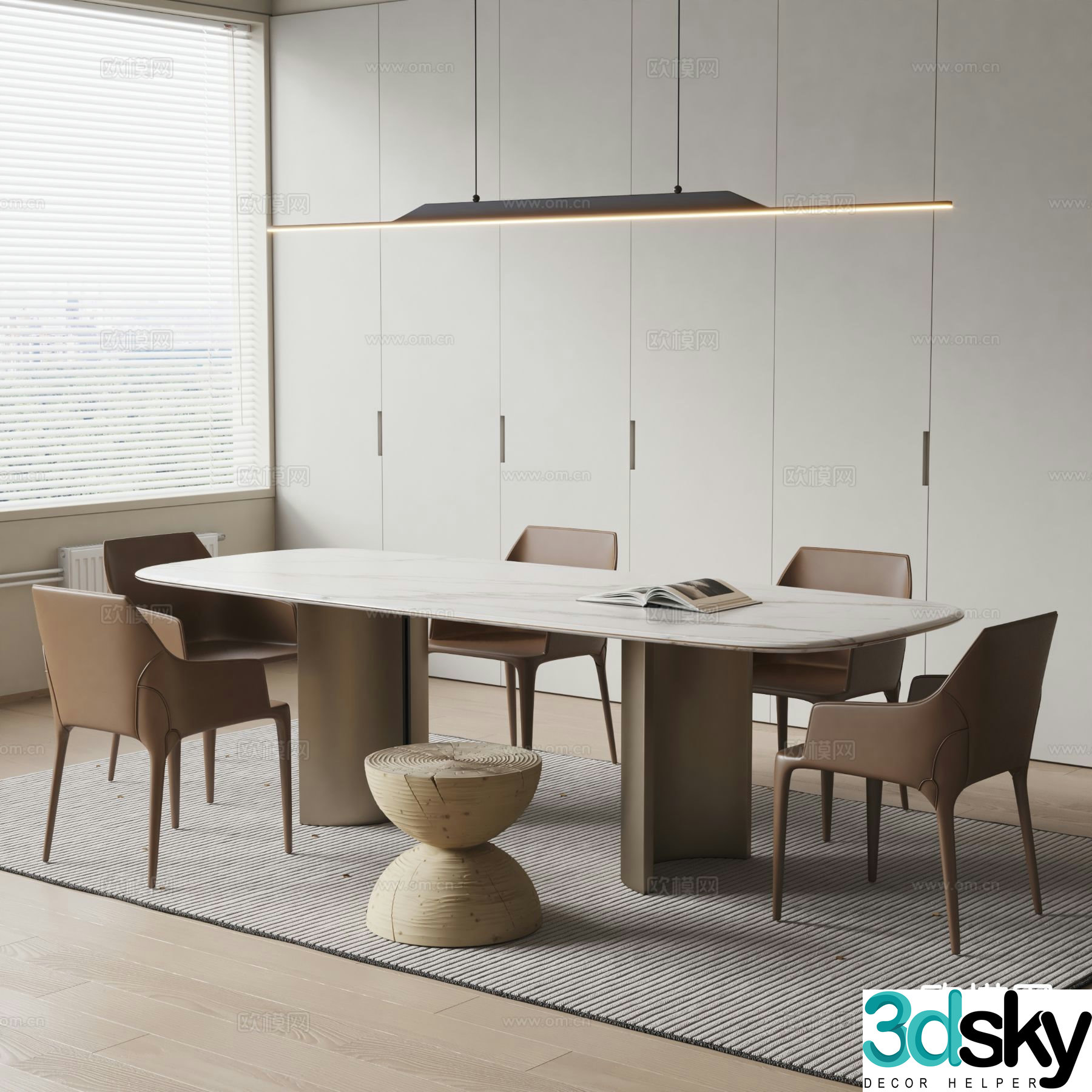 Modern long dining table and chairs 3d model