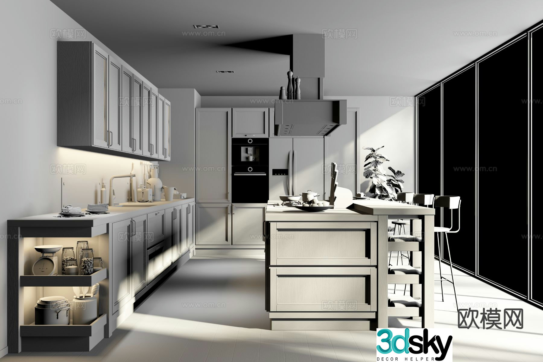 American kitchen island kitchen 3d model