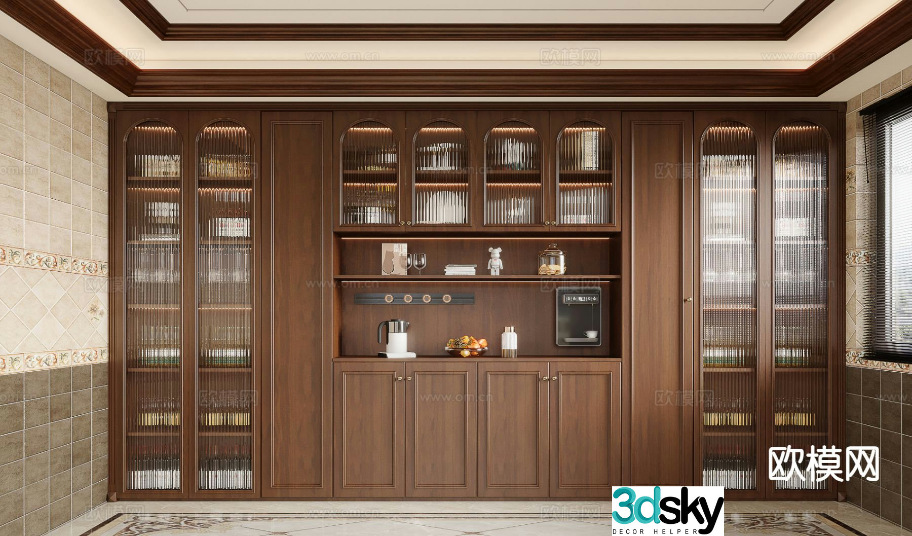 American solid wood wine cabinet glass wine cabinet 3D model