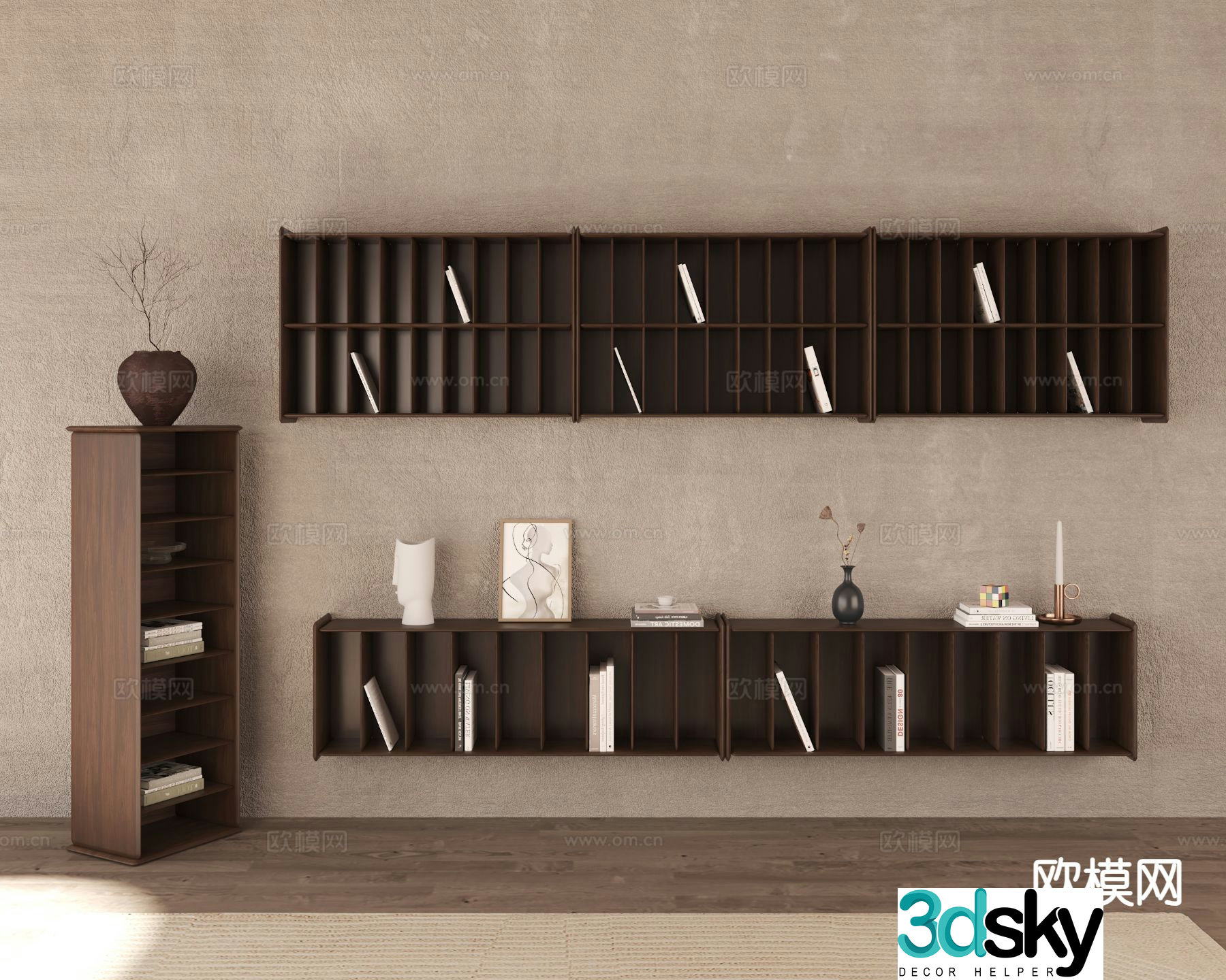New Chinese style wall cabinet wall-mounted storage rack bookshelf 3D model
