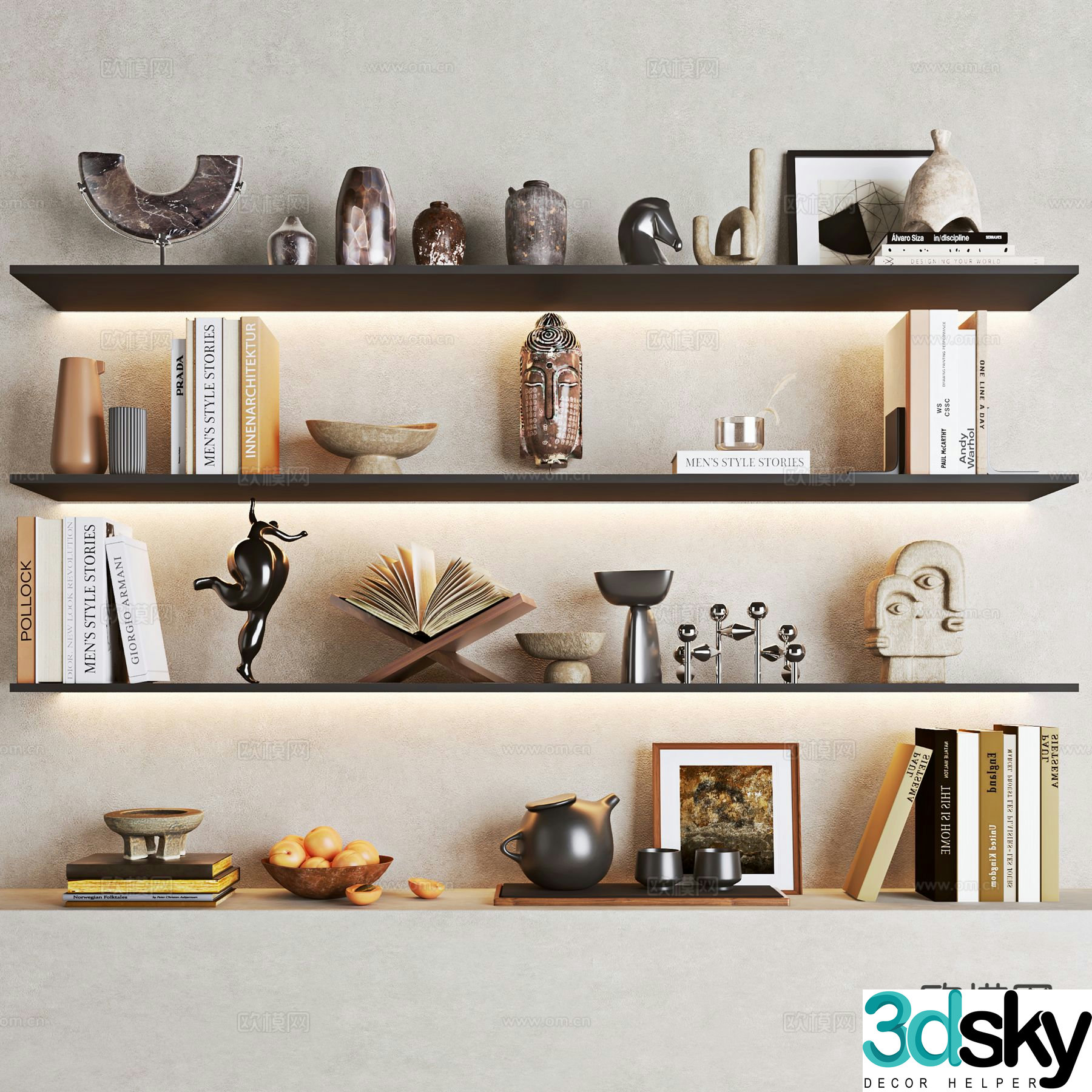 Wabi-sabi decorations ornaments books hanging paintings clay pots 3D model