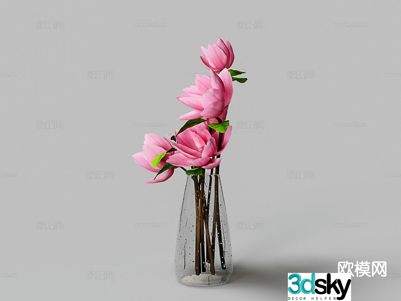 glass vase pink rose flower arrangement 3d model