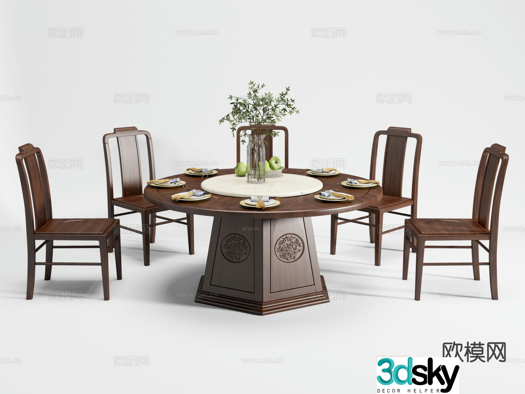 New Chinese style dining table and chairs round dining table 3d model