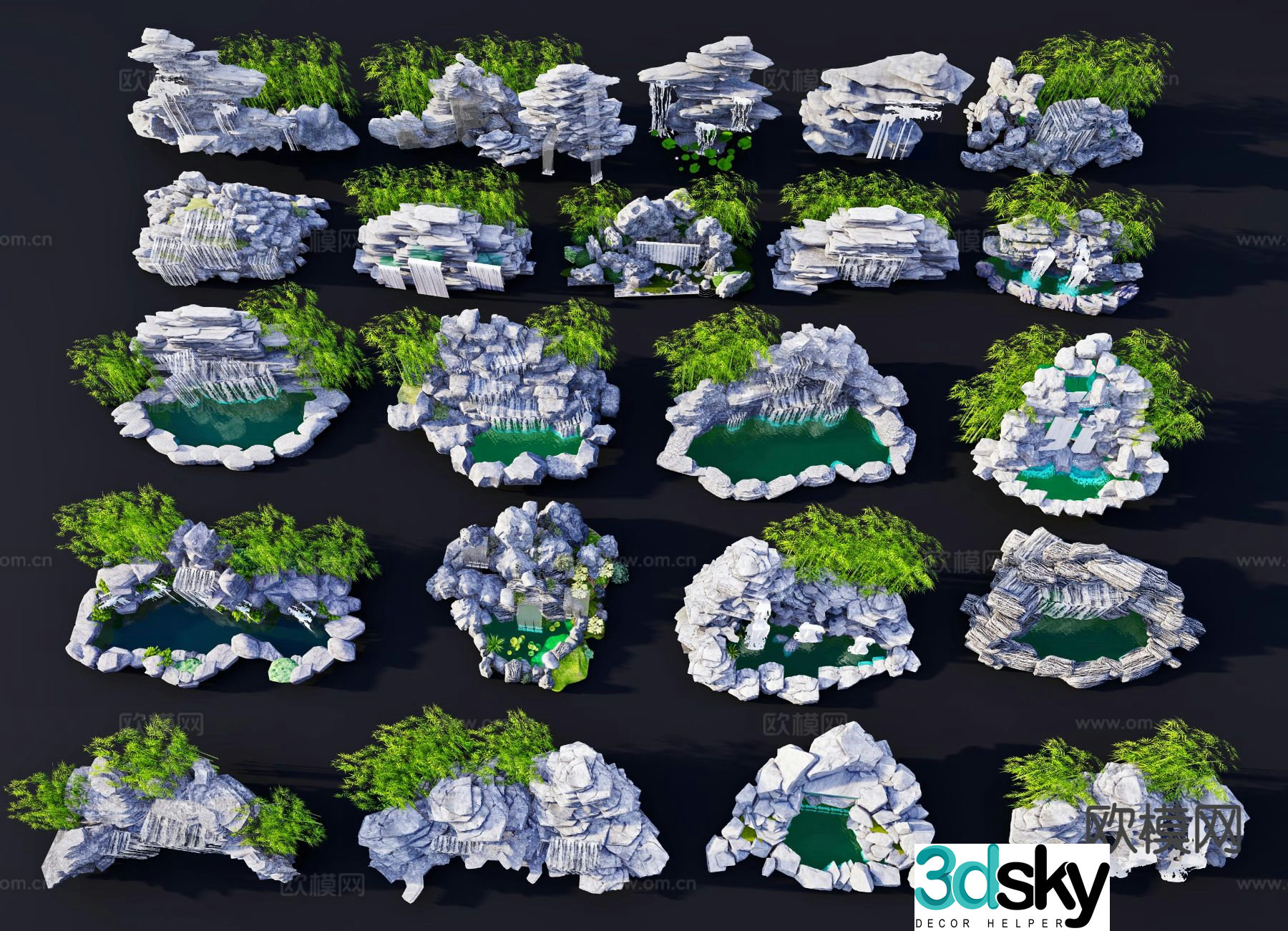 Chinese rockery overlapping water and flowing water stone 3D model