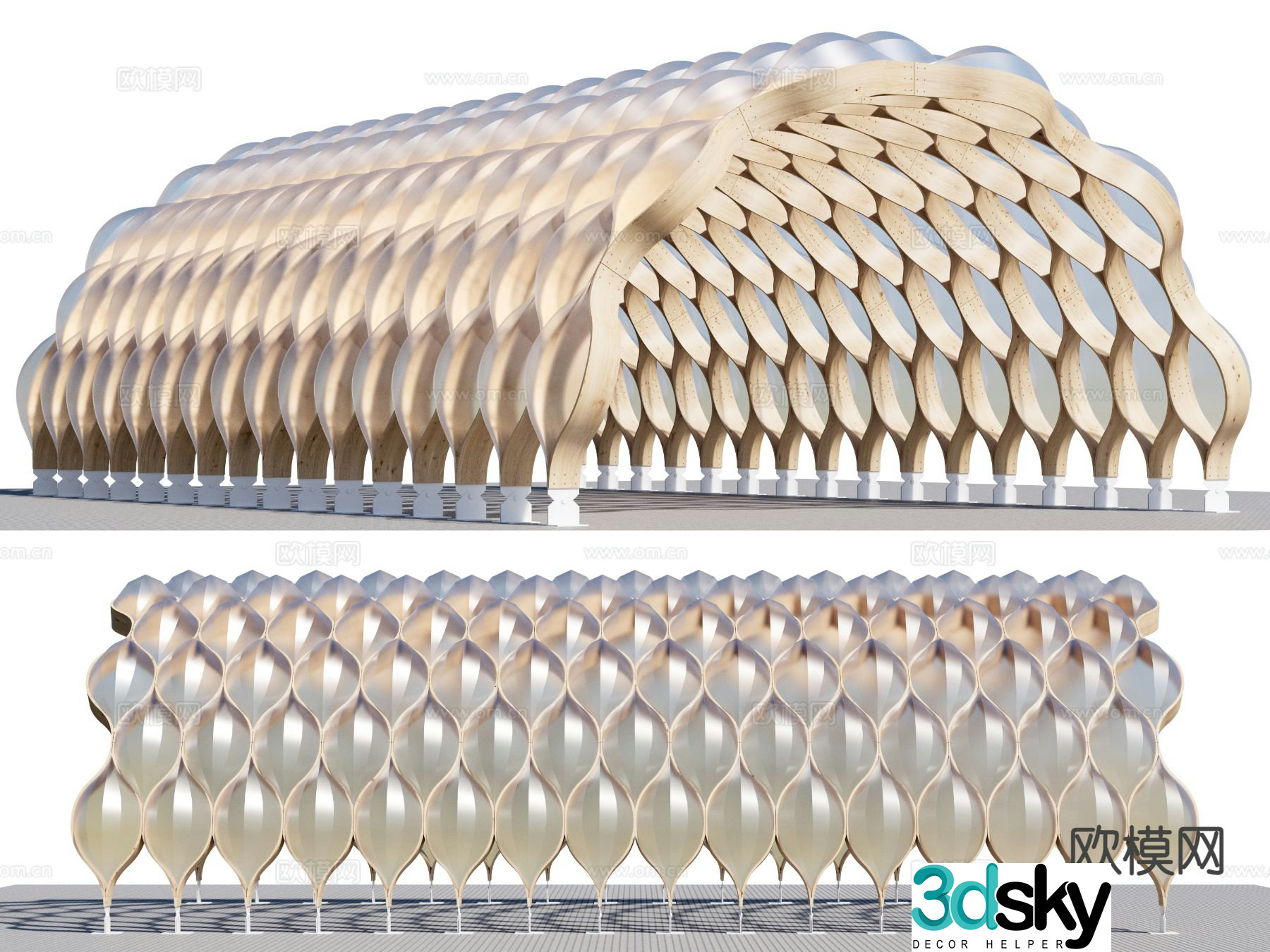 Modern wooden parametric gallery corridor 3D model