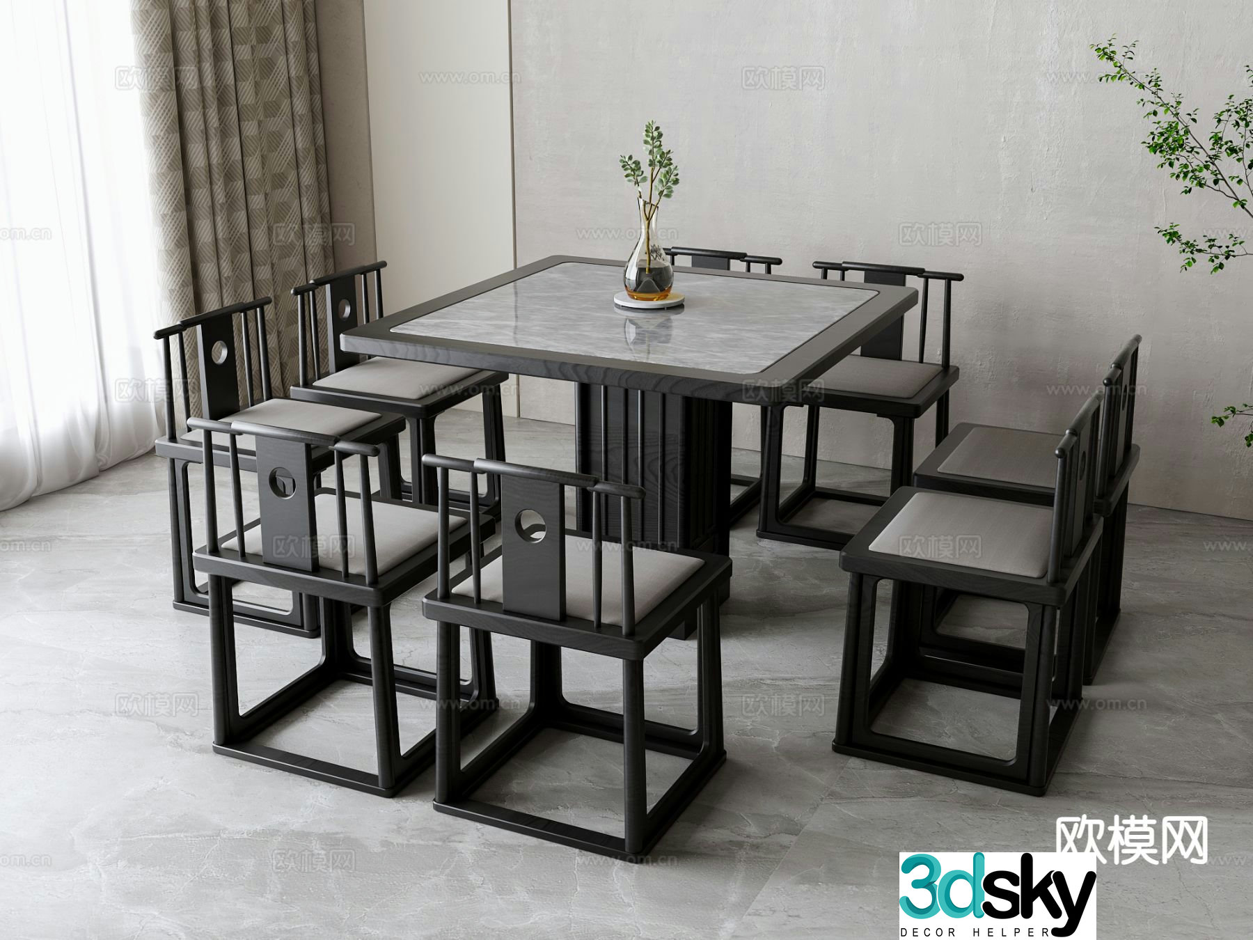 New Chinese dining table and chairs 3d model