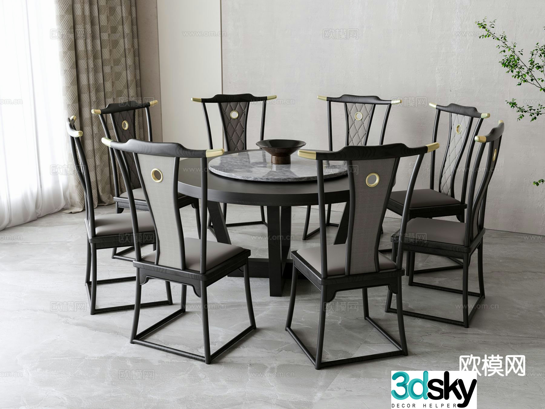 New Chinese style round dining table and chairs 3d model