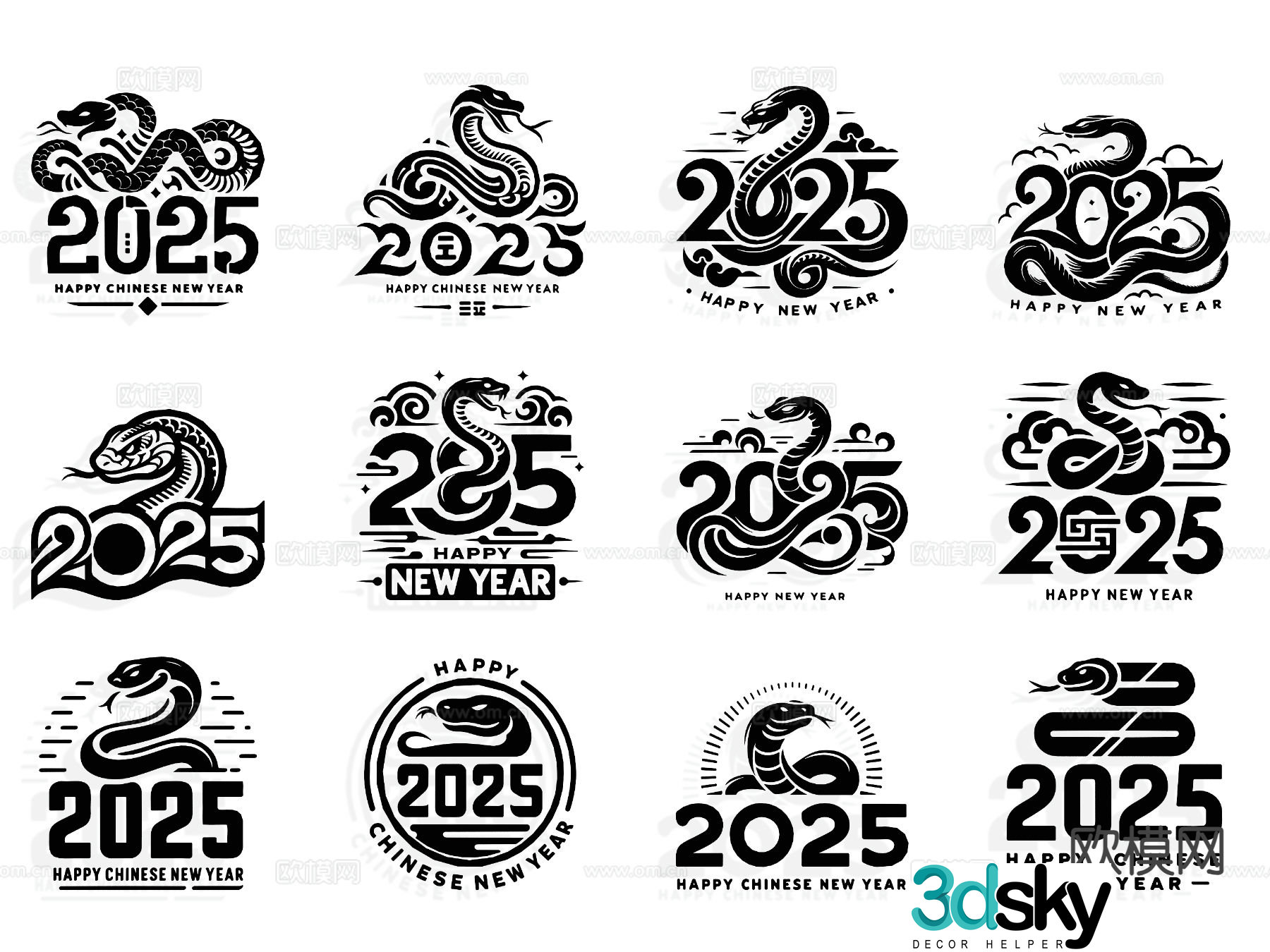 snake zodiac sign wall decoration silhouette element icon 3d model