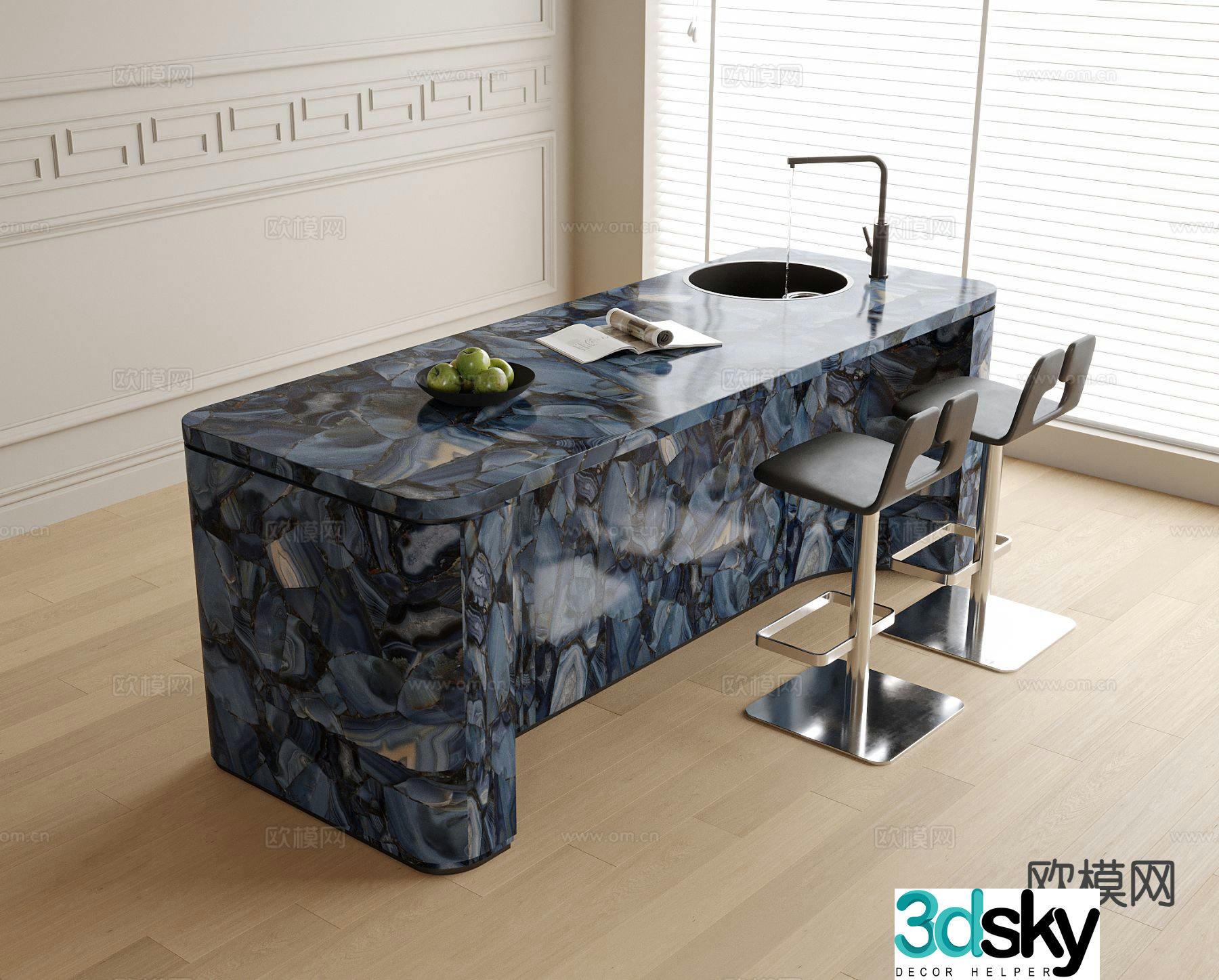 Modern bar bar chairs water bar island 3D model