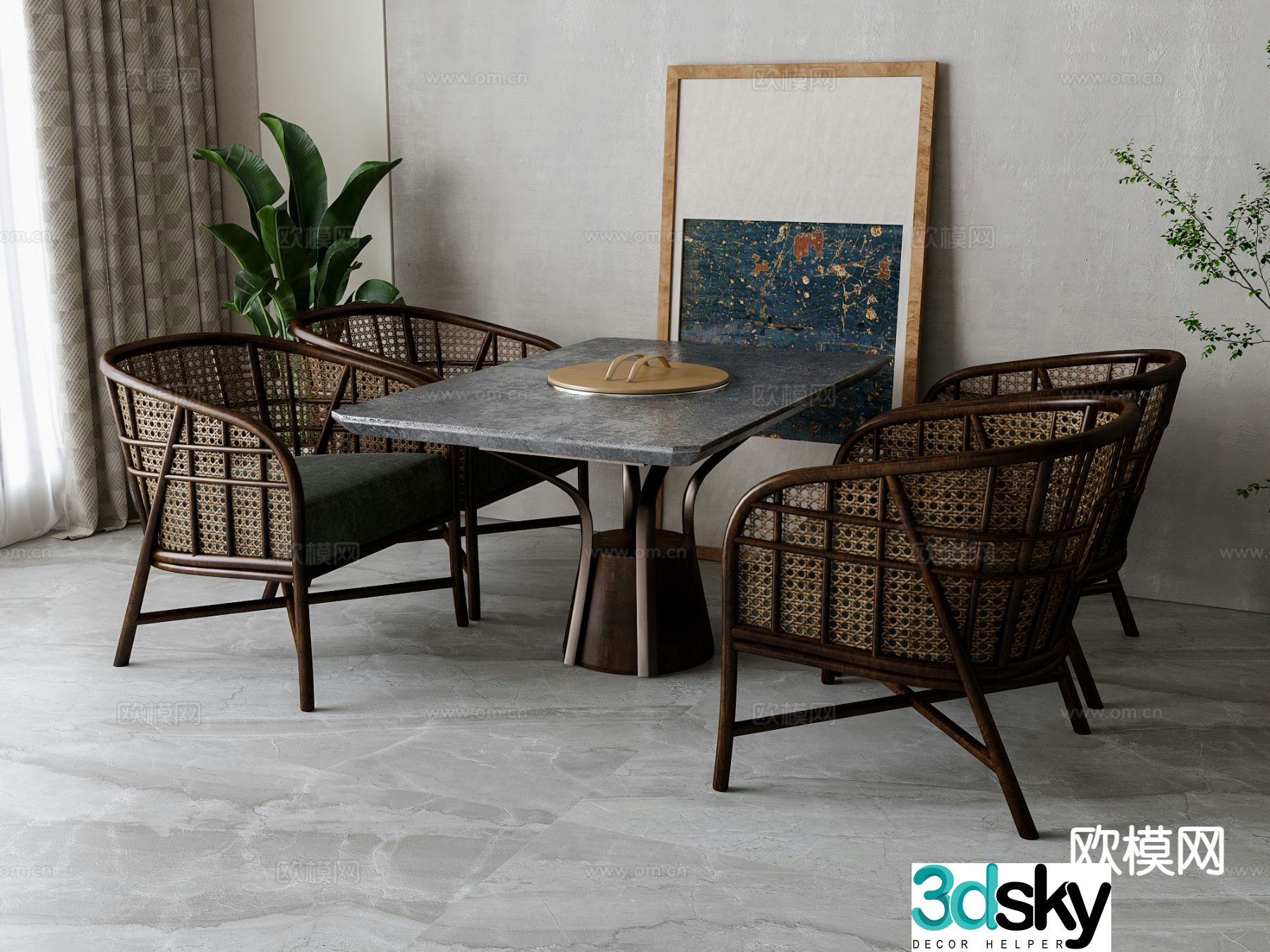 New Chinese style dining table and chairs marble dining table 3d model