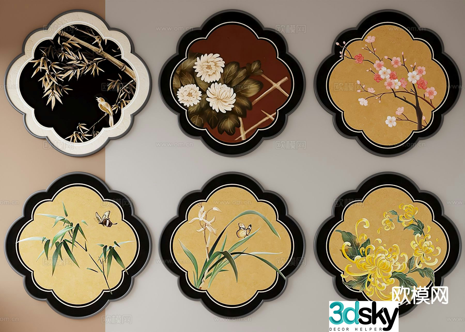 Medieval style flower and bird painting art painting decorative painting 3D model