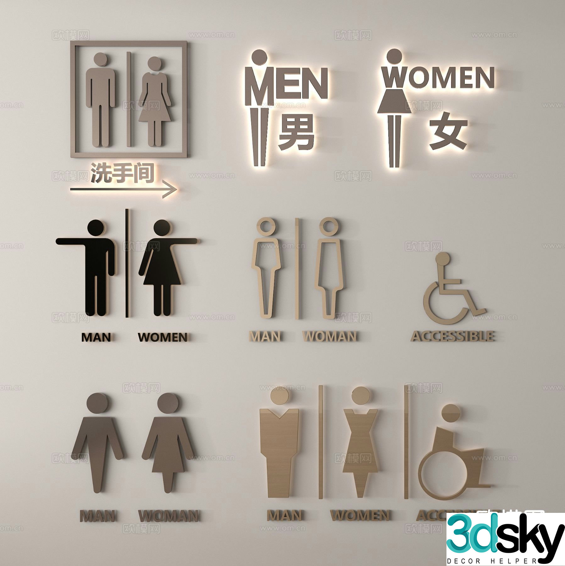 Bathroom signage guide sign 3d model