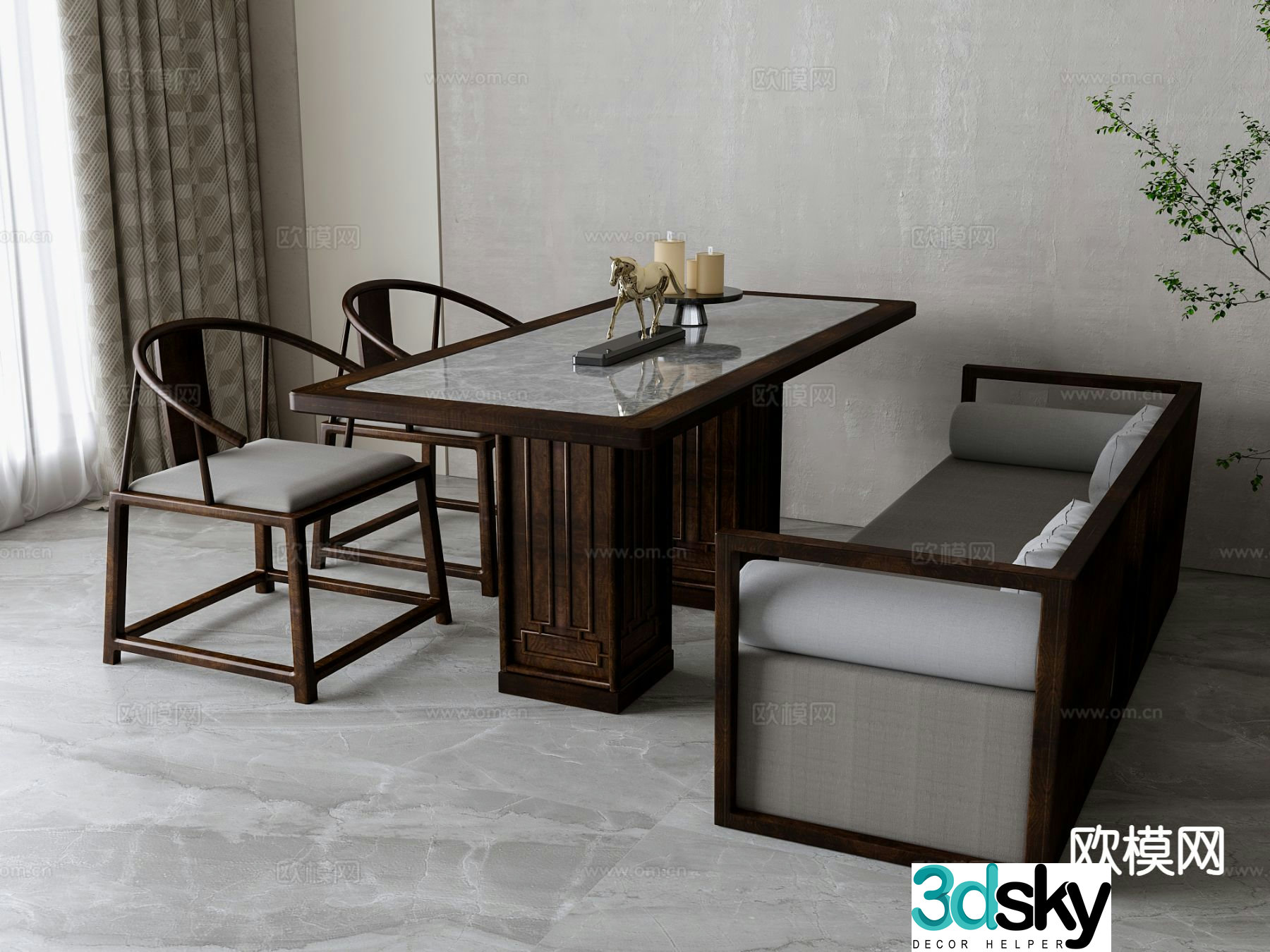 New Chinese dining table and chairs 3d model