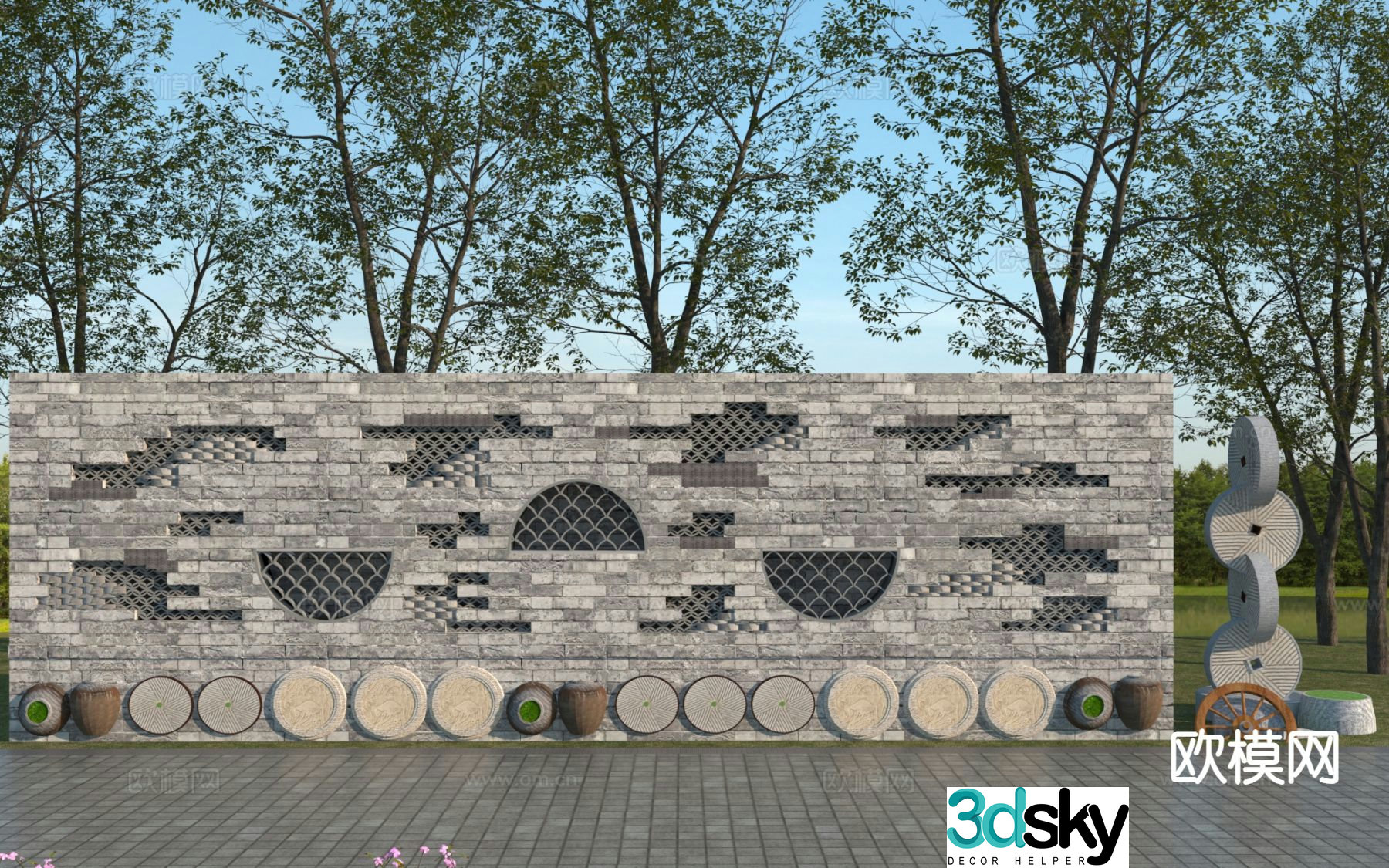 Chinese style landscape wall cultural landscape wall rural landscape wall 3D model