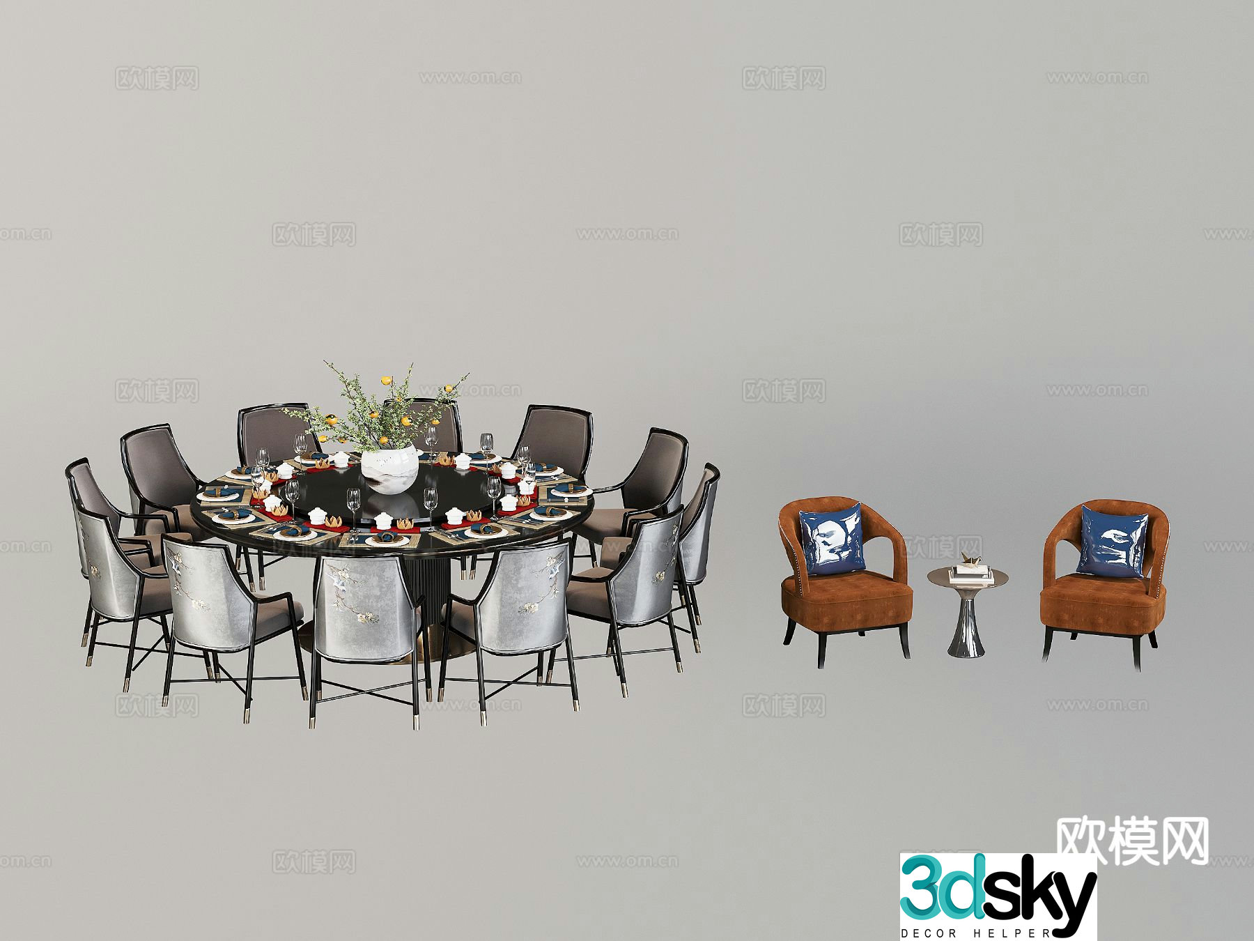 New Chinese style dining table and chairs hotel round dining table 3D model