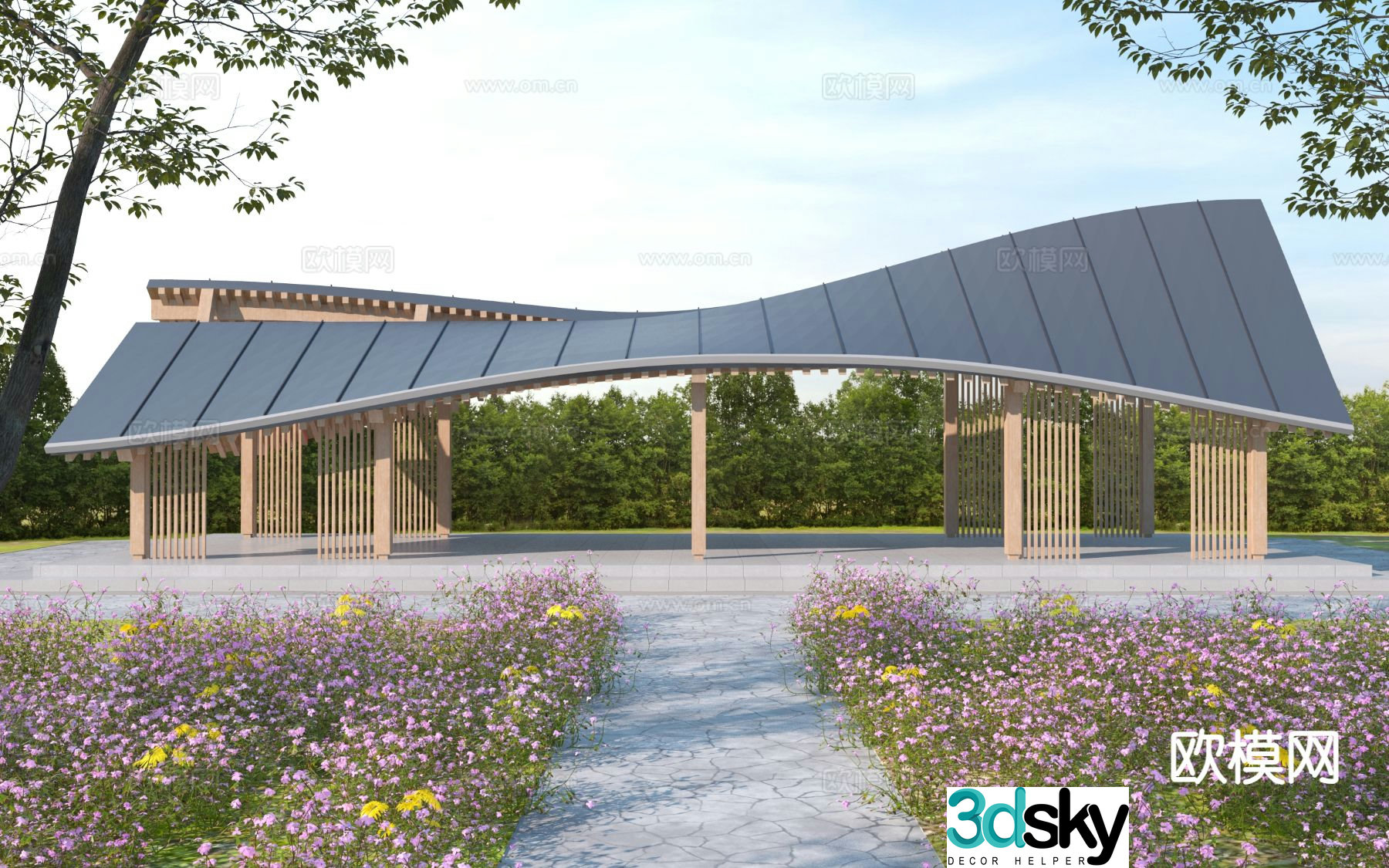 New Chinese style gallery curved gallery 3D model