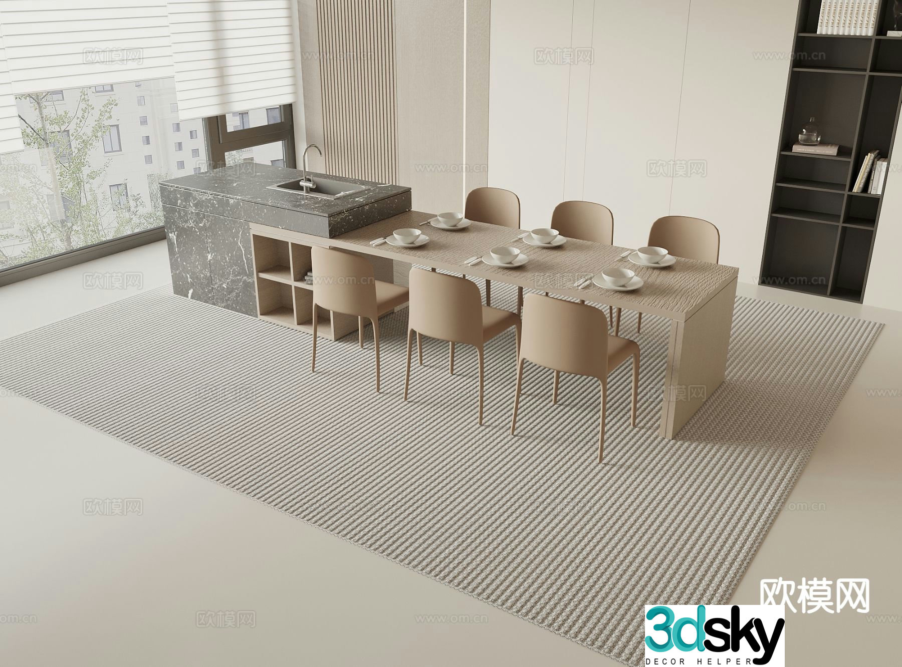 Modern island table dining table and chairs 3d model
