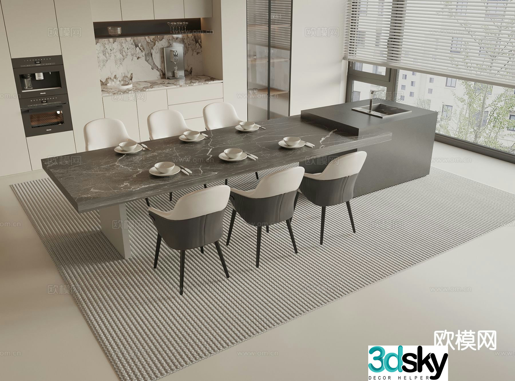 Modern island table dining table and chairs 3d model