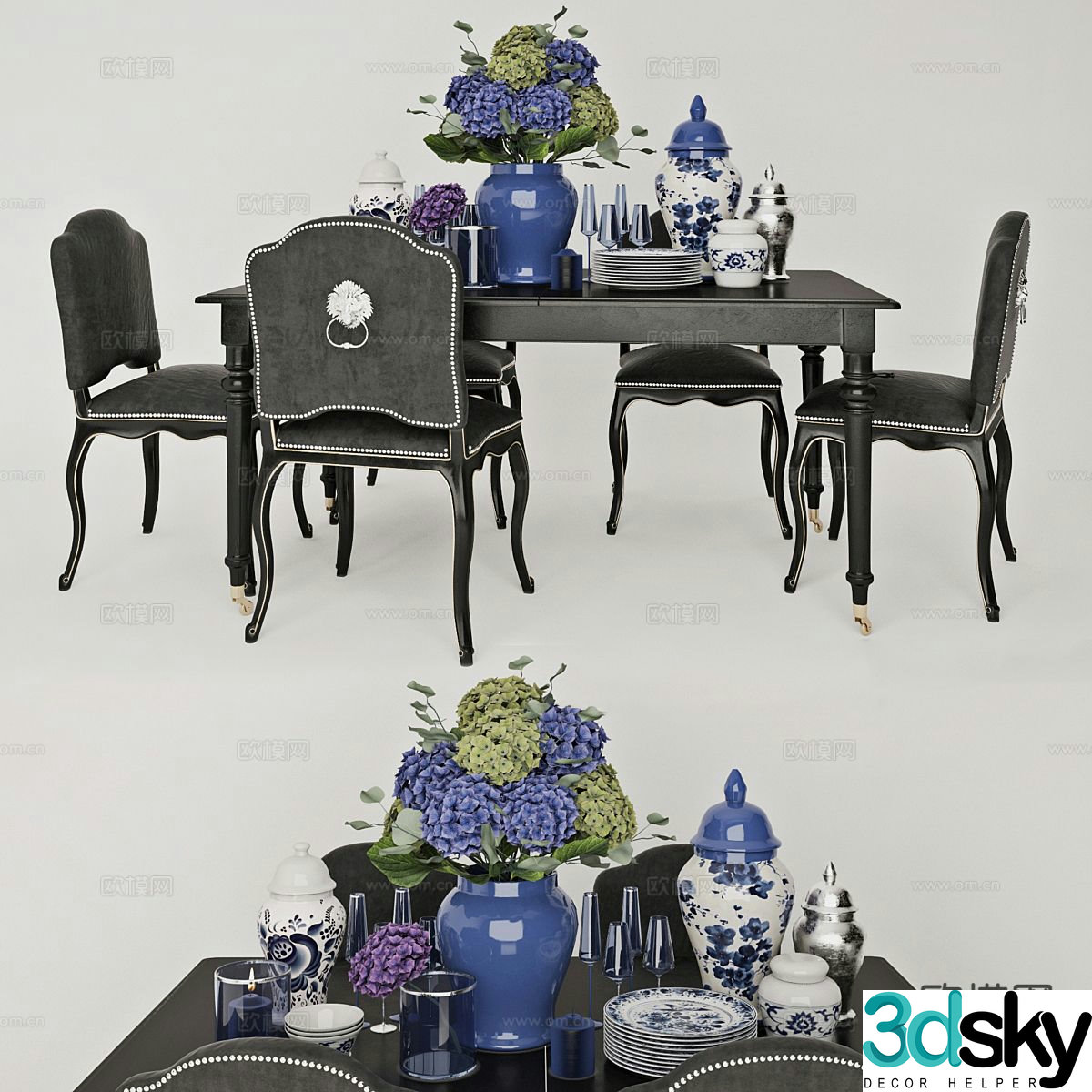 French dining table and chairs 3d model