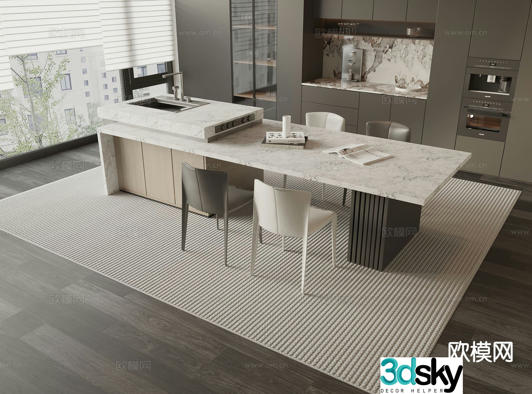 Modern island table dining table and chairs 3d model