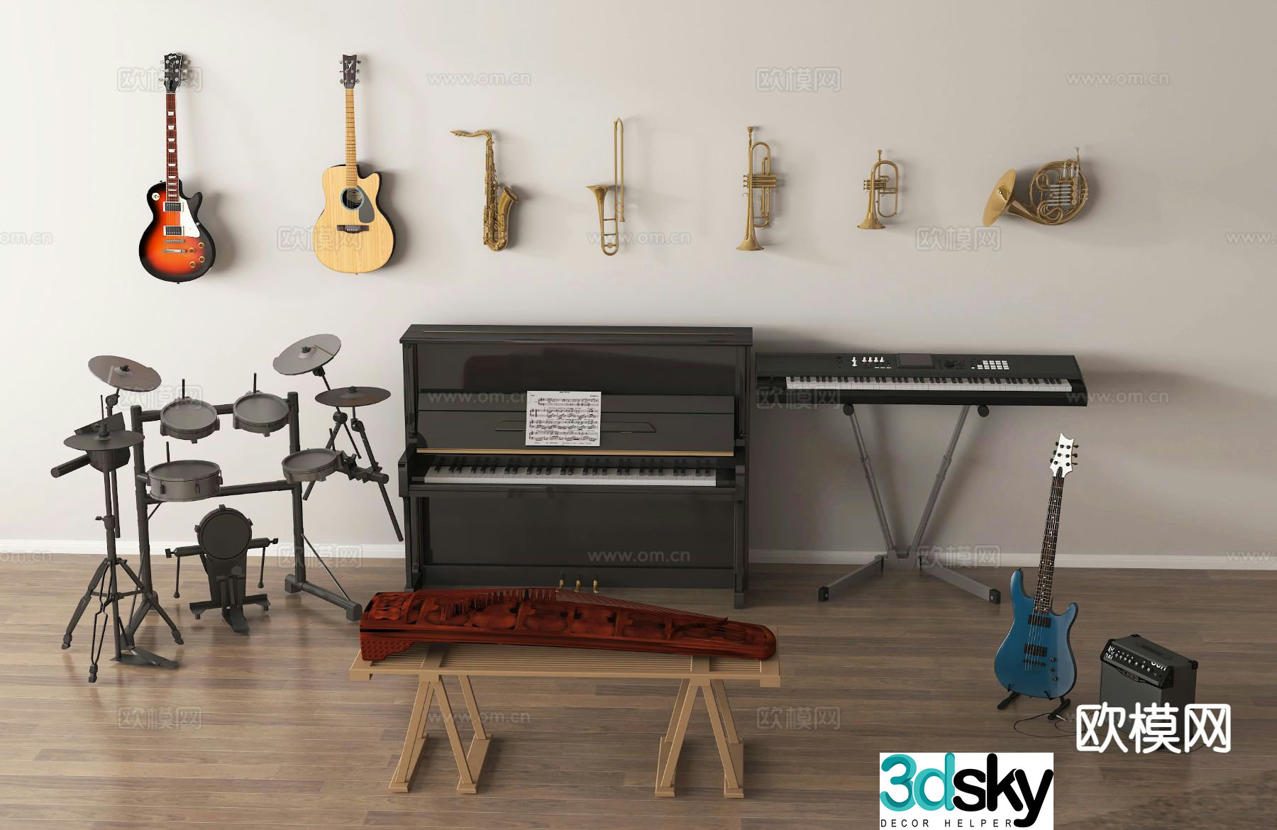Piano drums guzheng trumpet guitar musical instrument 3d model