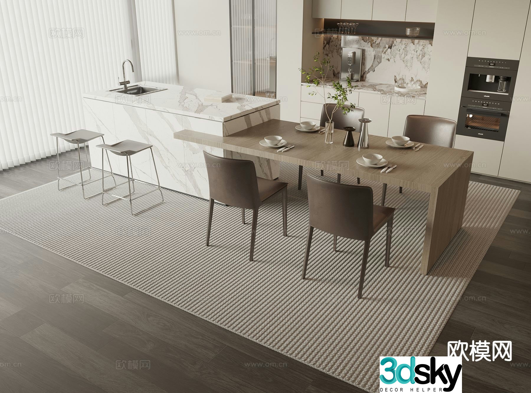 Modern island table dining table and chairs 3d model