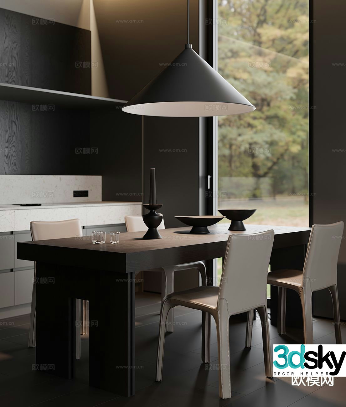 Modern long dining table and chairs 3d model
