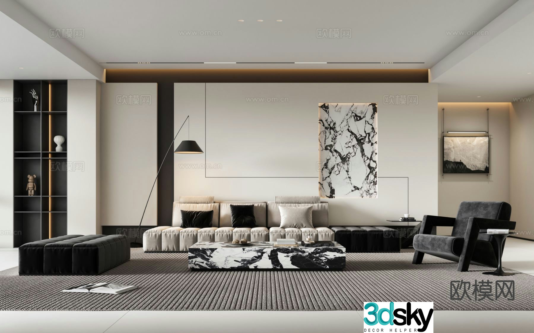 Black and white gray living room 3d model