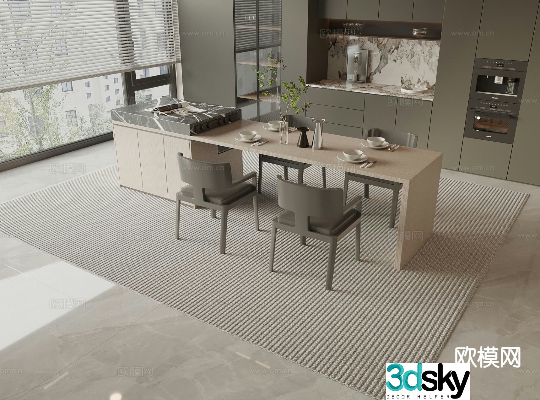 Modern island table dining table and chairs 3d model
