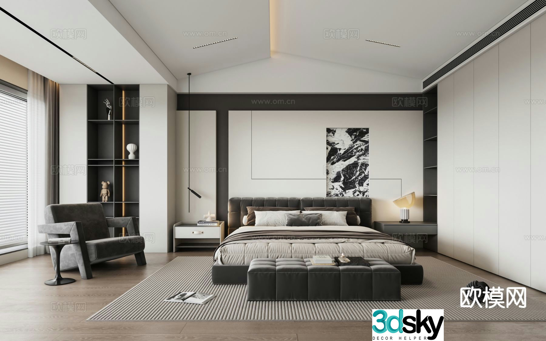 Black and white gray bedroom master bedroom 3d model