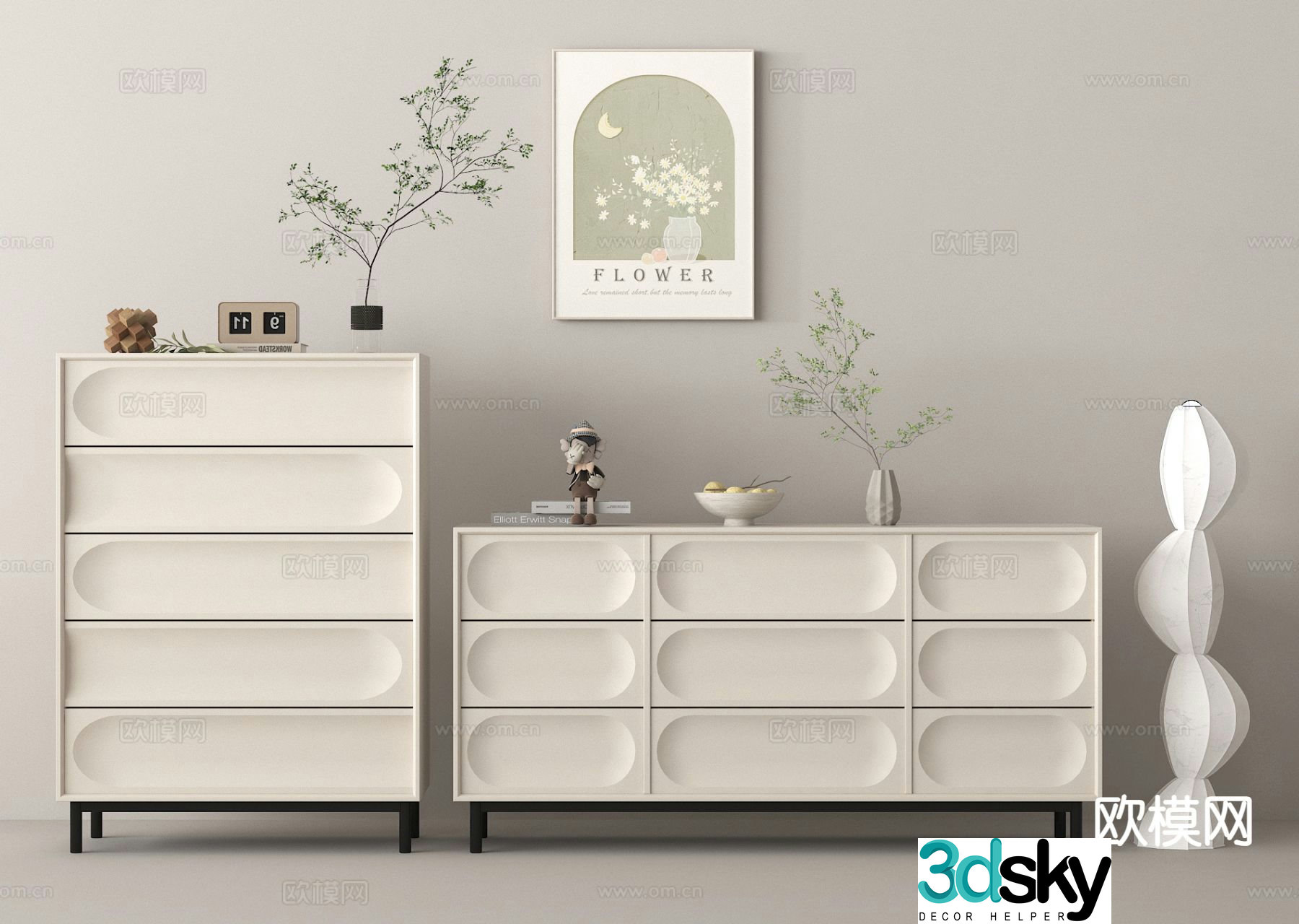 Cream style chest of drawers side cabinet 3d model