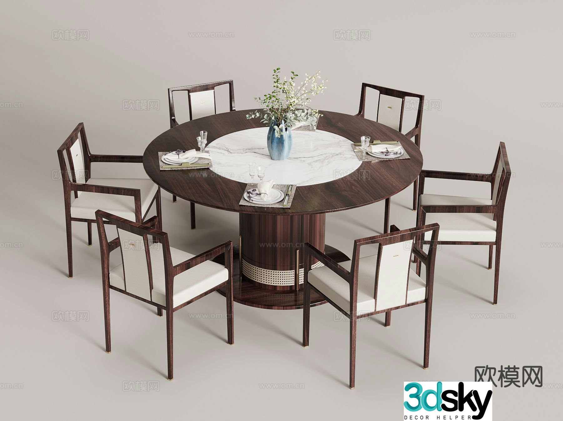 New Chinese style dining table and chairs round dining table 3d model
