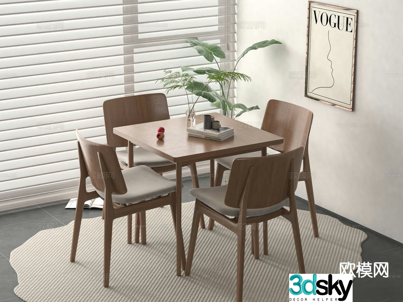 Nordic square dining table and chairs 3d model