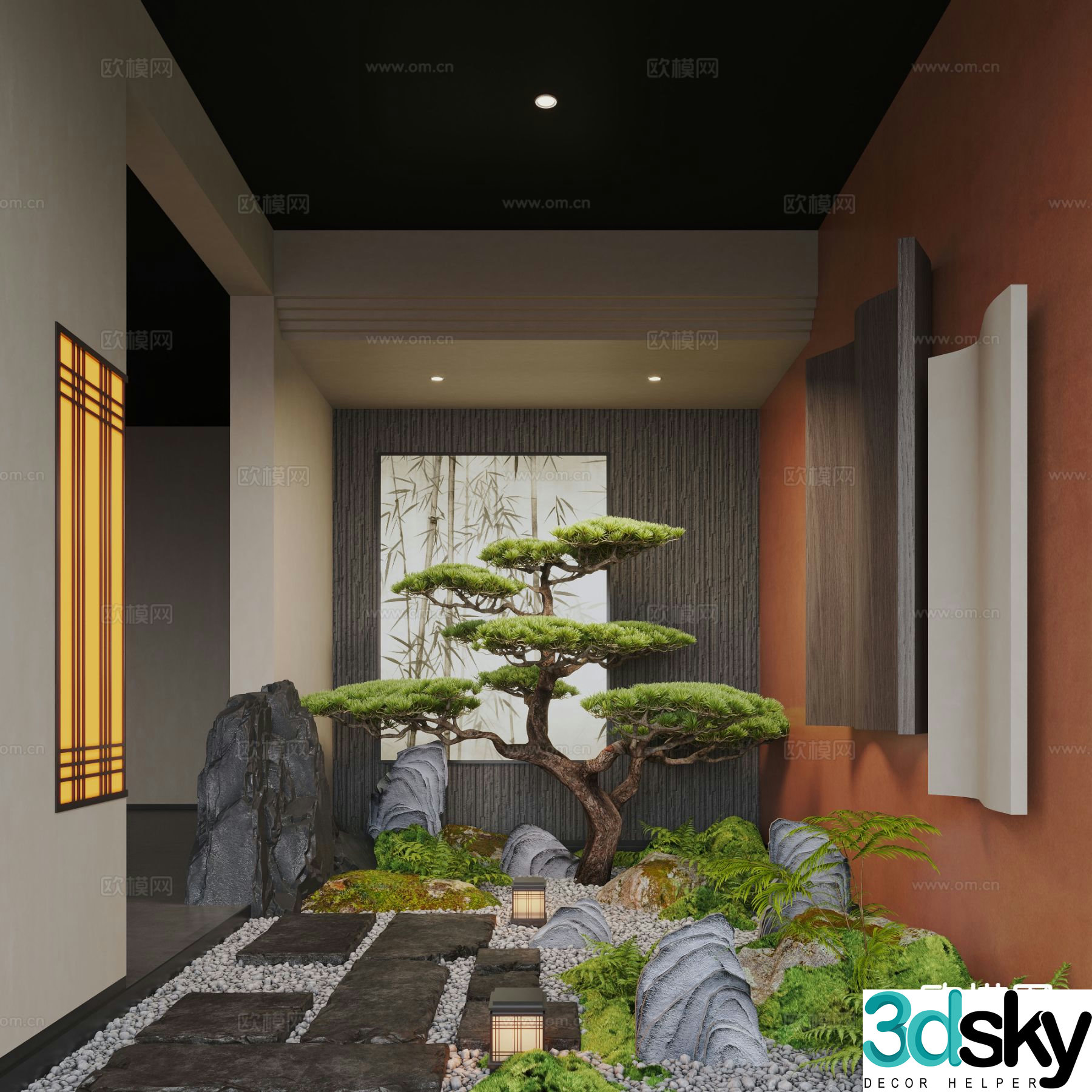 Indoor landscape pine tree landscaping cobblestone paving 3d model