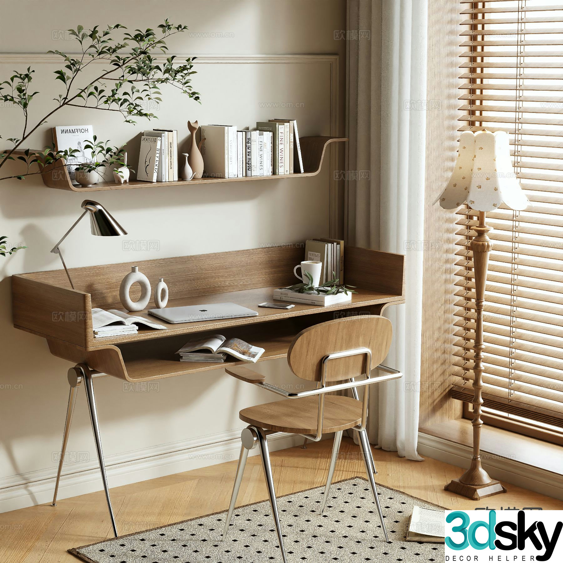 Log style desk and chair 3d model