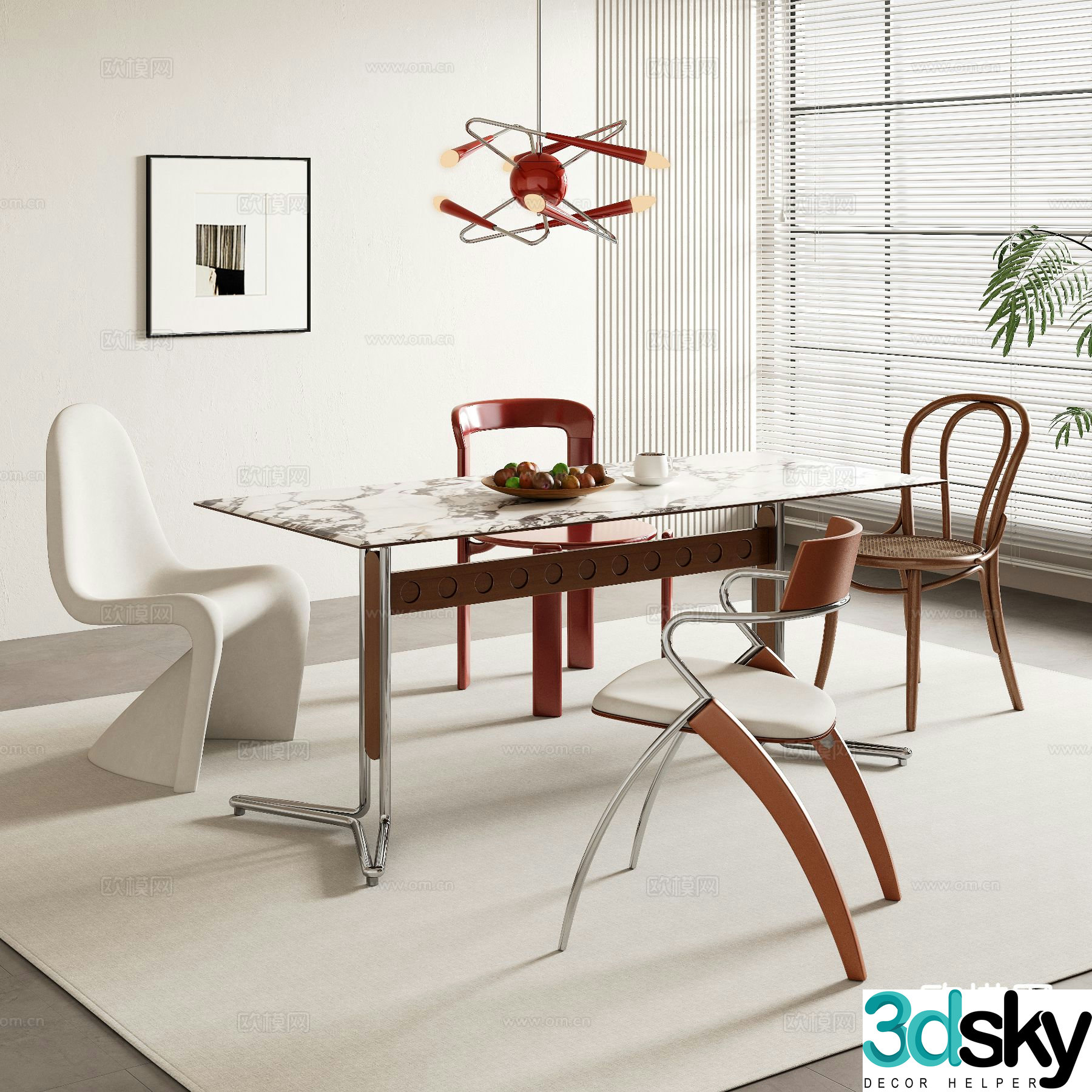 Modern long dining table and chairs 3d model