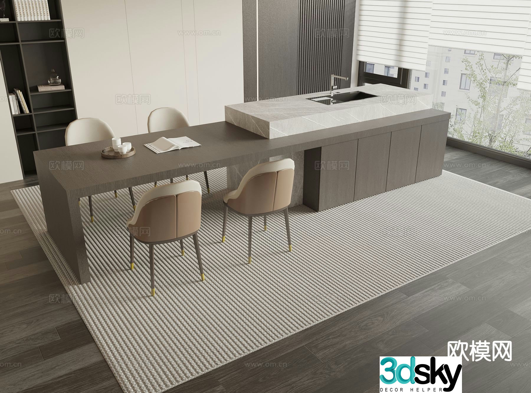 Modern island table dining table and chairs 3d model
