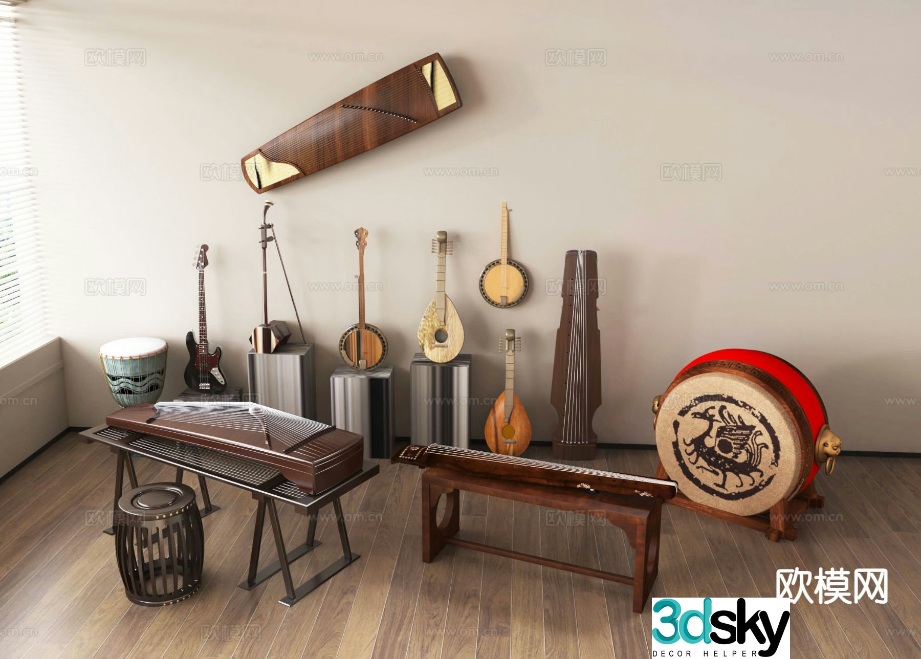 Chinese musical instrument guzheng drum guqin 3d model