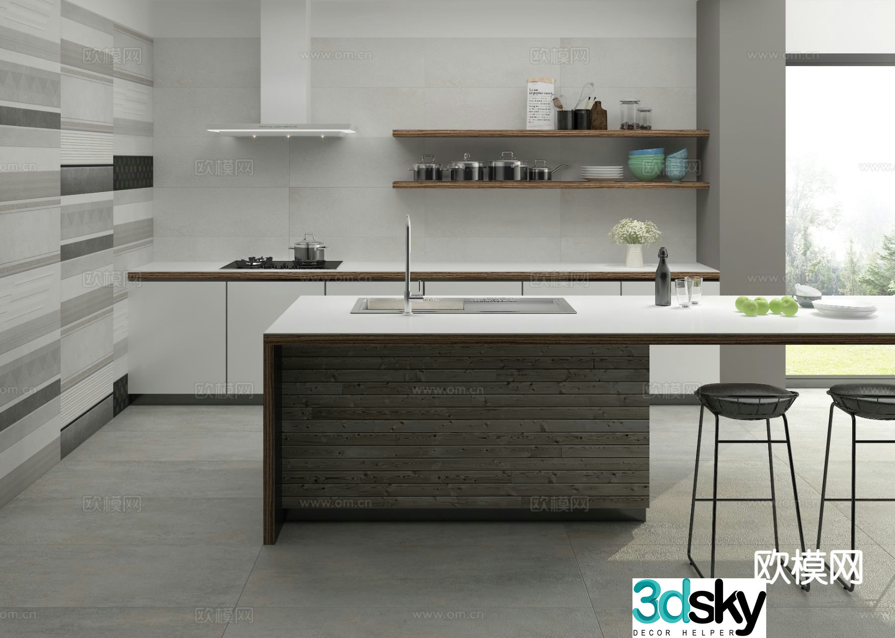 Open kitchen island kitchen 3d model