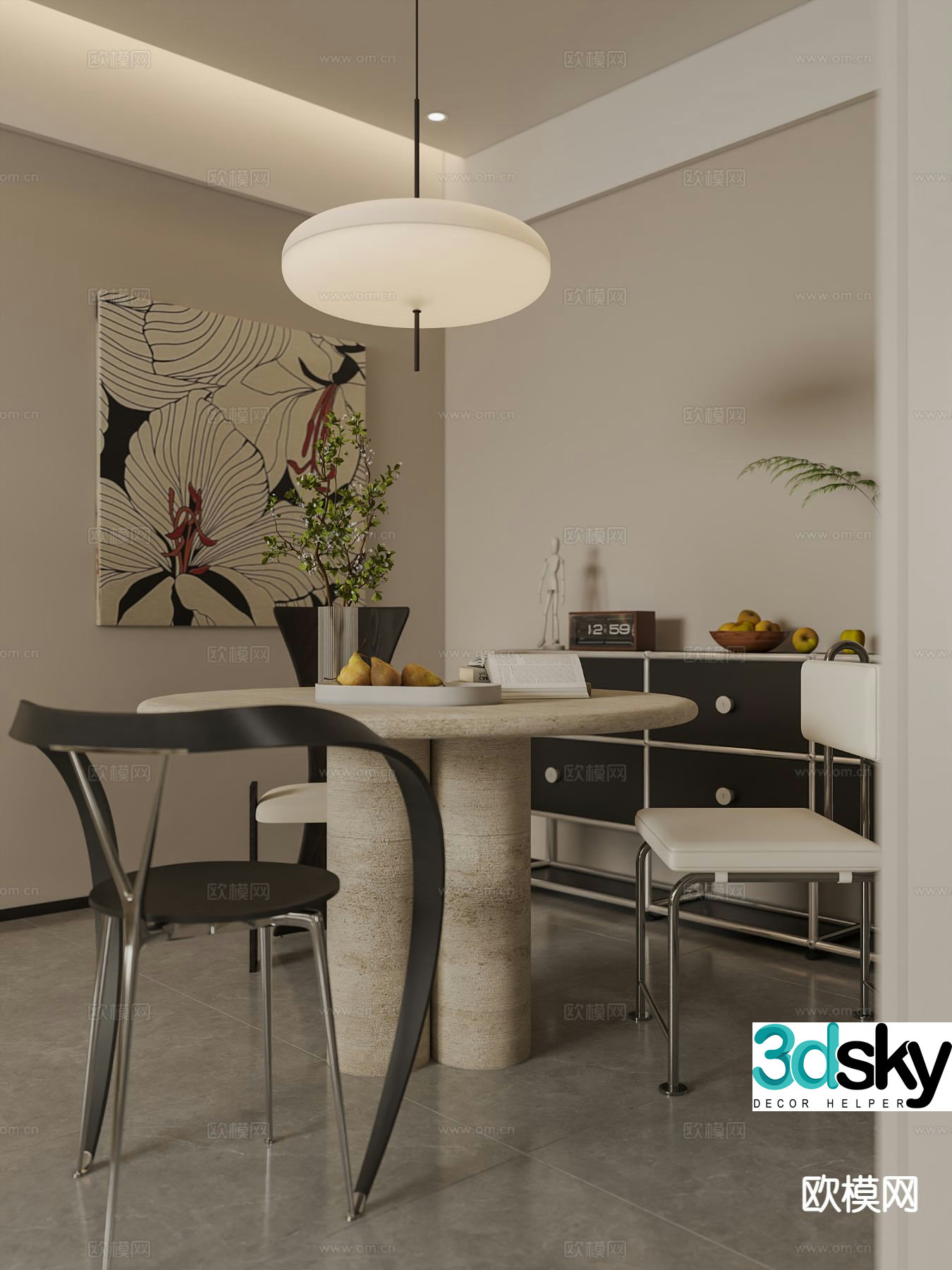 Wabi-sabi dining table and chairs round dining table 3d model