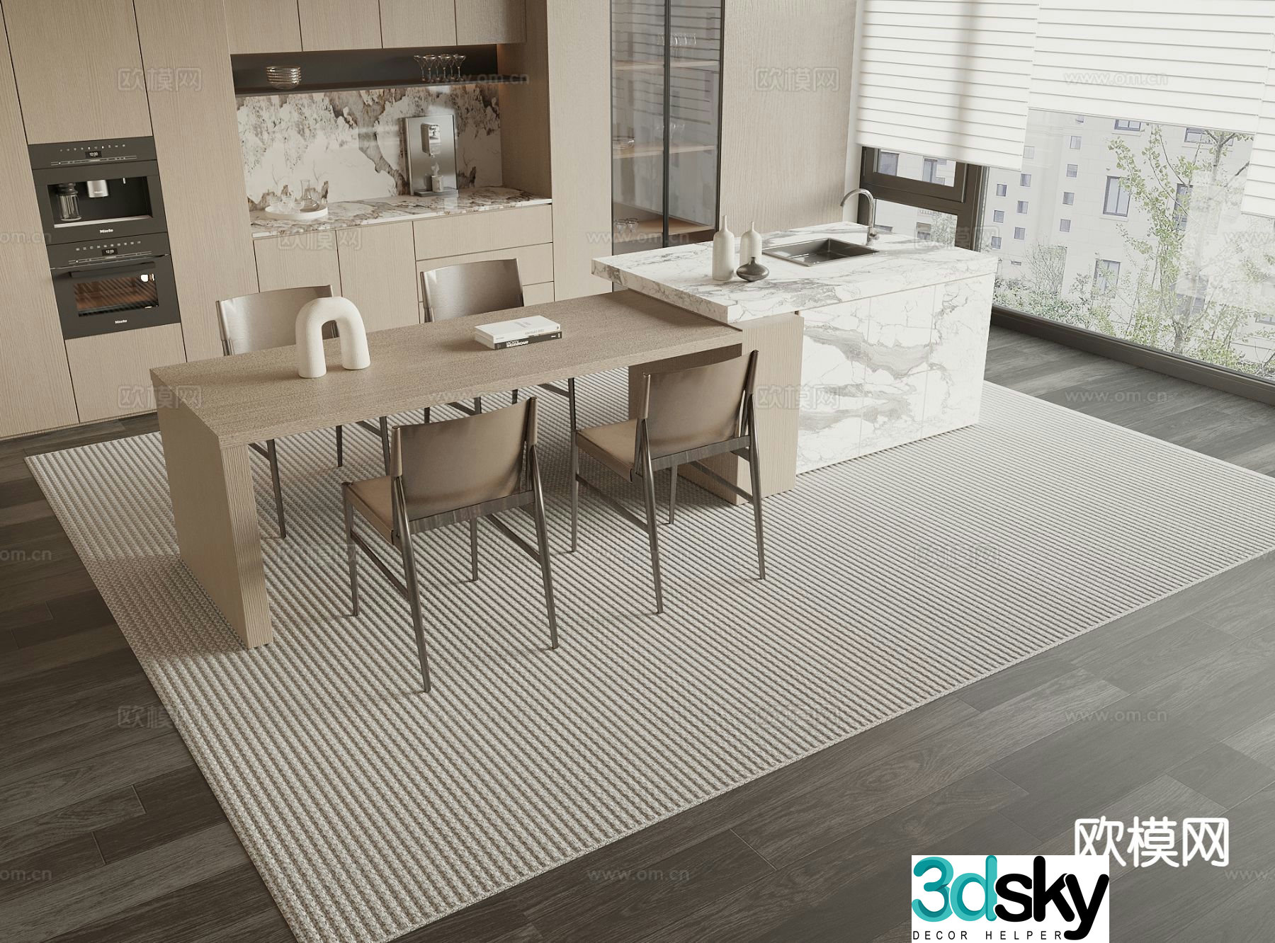 Modern island table dining table and chairs 3d model