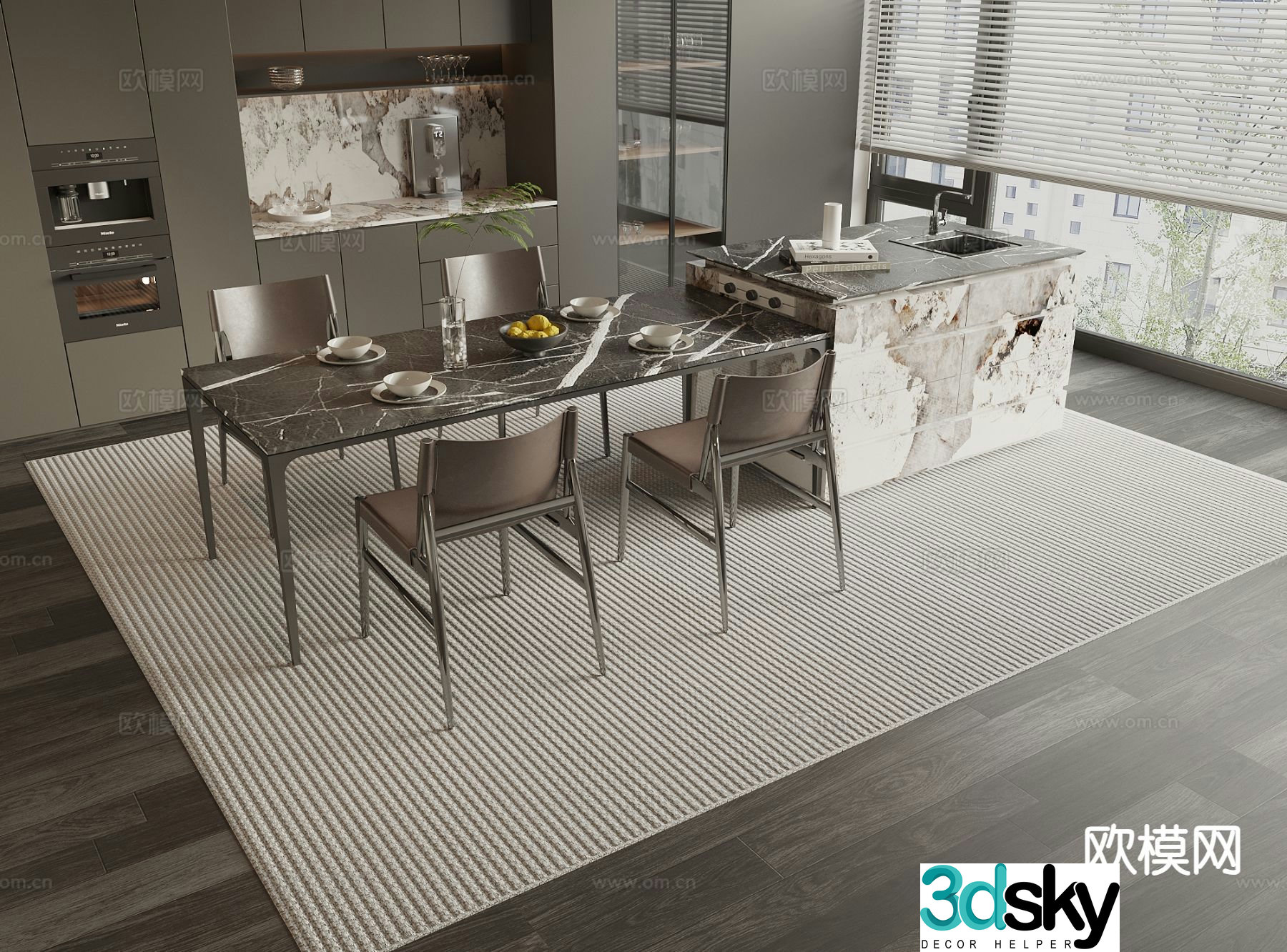 Modern island table dining table and chairs 3d model