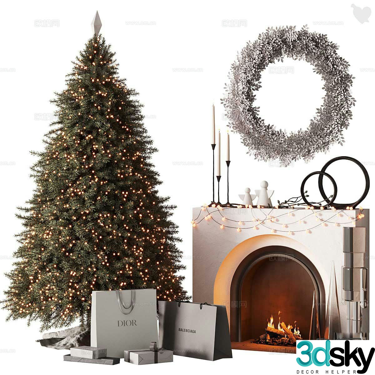 christmas decorations christmas tree fireplace 3d model